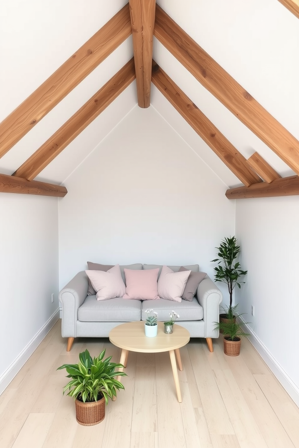 A cozy attic space designed with light colors to enhance the feeling of openness. The walls are painted in a soft white shade, and the ceiling features exposed wooden beams for added character. A compact seating area includes a plush light gray sofa adorned with pastel cushions. A small round coffee table sits in front, surrounded by a few potted plants to bring in a touch of nature.