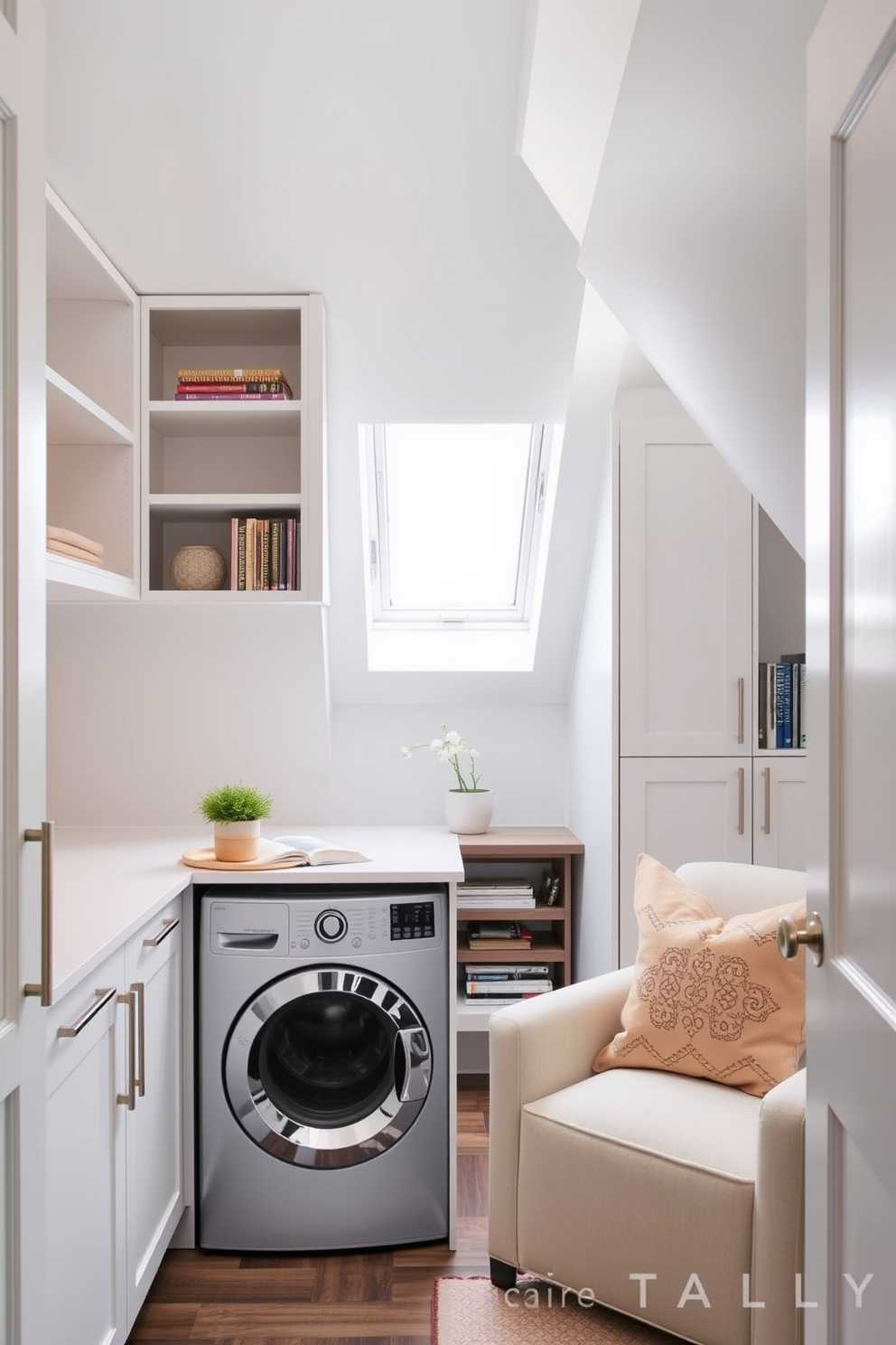 A stylish laundry nook space featuring sleek white cabinetry with open shelving above for easy access to laundry supplies. The space includes a compact washer and dryer stacked side by side, with a countertop for folding clothes and a small potted plant for a touch of greenery. Small attic design ideas that maximize space and light with a cozy reading nook by a skylight. Incorporate built-in bookshelves along the sloped walls and a comfortable armchair with soft throw pillows to create an inviting retreat.