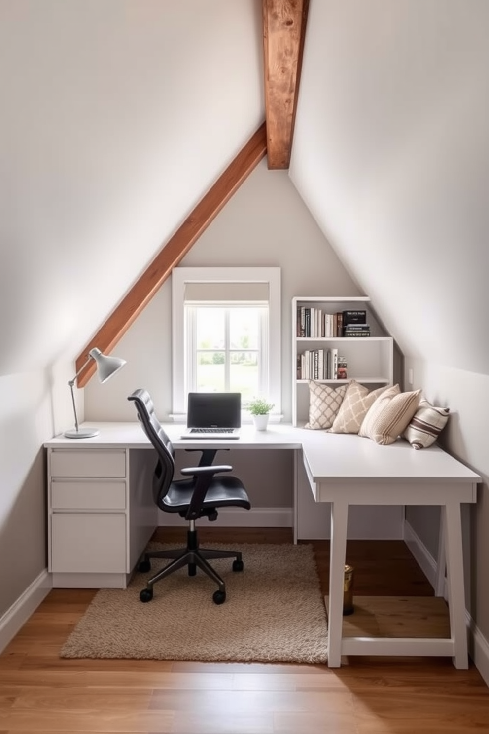 Create a small home office corner. There is a sleek white desk positioned against the wall with a comfortable ergonomic chair. On the desk, a modern laptop sits beside a stylish desk lamp and a small potted plant. The walls are painted in a soft gray, and a cozy rug lies beneath the desk, adding warmth to the space. Small attic design ideas can transform an underutilized space into a charming retreat. Consider a cozy reading nook with a built-in bookshelf and a window seat adorned with plush cushions. Incorporate sloped ceilings with wooden beams for added character, and use light colors to make the space feel airy and inviting. A small desk can fit perfectly under the eaves, creating an ideal workspace.