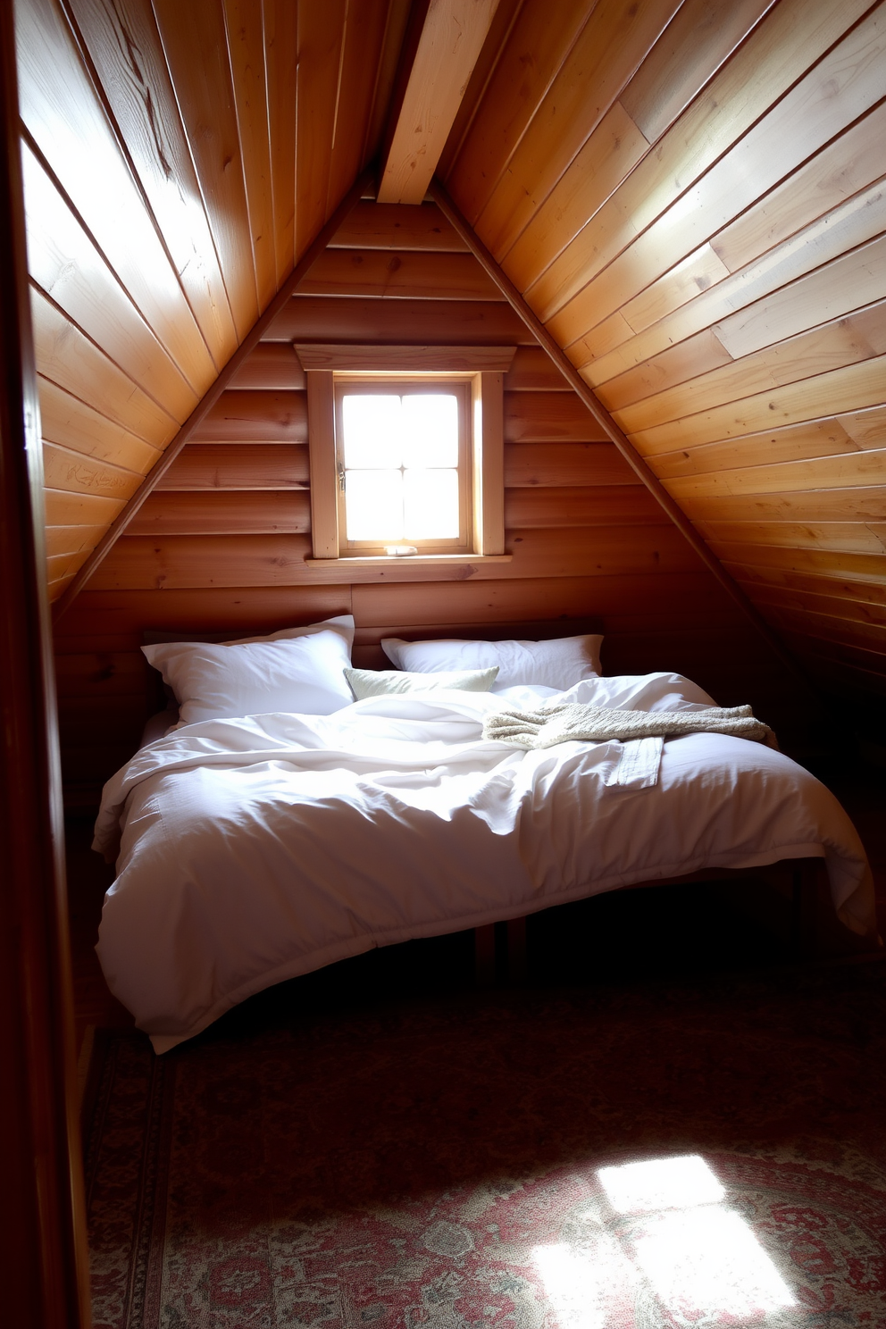 A cozy attic bedroom designed for comfort and relaxation. The low-profile bed is adorned with soft, neutral bedding and plush pillows, creating an inviting atmosphere. Natural light filters through a small dormer window, illuminating the room's warm wooden beams. A vintage rug lies beneath the bed, adding texture and warmth to the space.