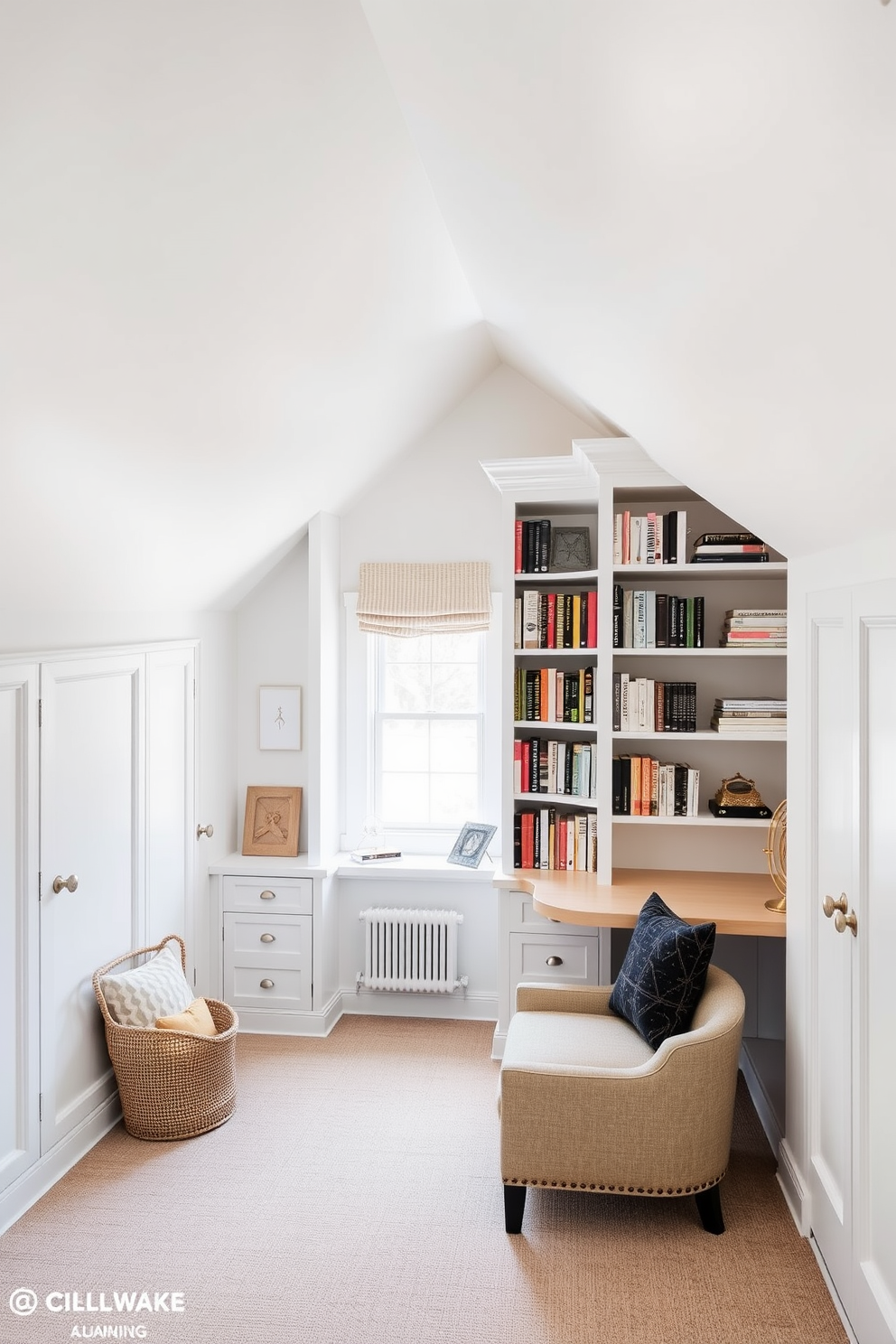 A cozy attic space designed for functionality and style. The walls are painted in soft white, creating an airy feel, while built-in storage solutions seamlessly blend into the sloped ceilings. A custom bookshelf spans one wall, filled with books and decorative items. A small desk with a comfortable chair is positioned near a window, providing a perfect nook for reading or working.