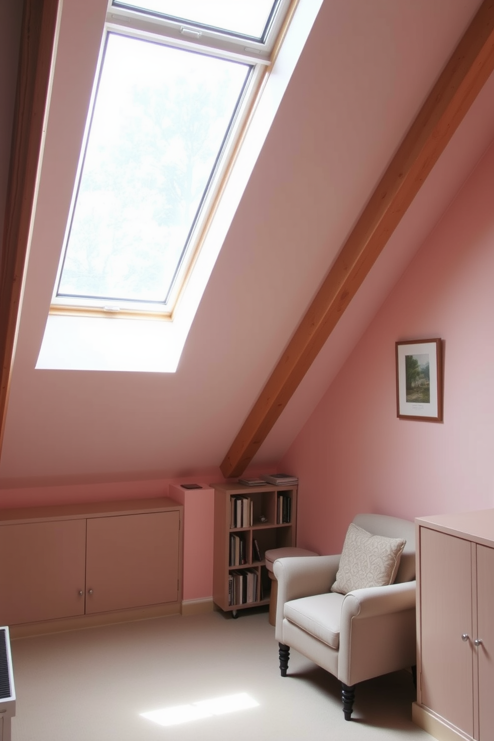 A cozy attic space featuring sloped ceilings and exposed wooden beams. Soft light filters through a large skylight, illuminating a comfortable reading nook with a plush armchair and a small bookshelf. Incorporate built-in storage solutions to maximize space efficiency. A warm color palette with soft pastels creates a serene atmosphere, perfect for relaxation and creativity.