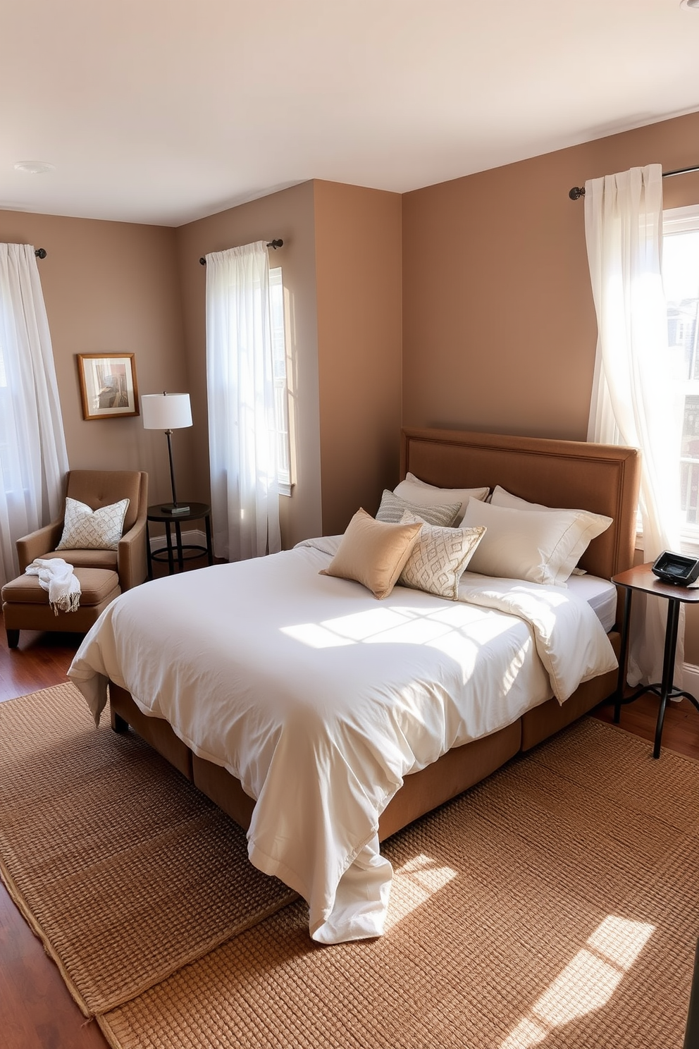 A cozy guest bedroom featuring a plush queen-sized bed dressed in soft, neutral linens. The walls are painted a warm taupe, and a large window allows natural light to fill the space, complemented by sheer white curtains. In one corner, a small reading nook is created with a comfortable armchair and a side table, perfect for relaxing with a book. A woven area rug anchors the room, and decorative pillows add a pop of color to the bed.