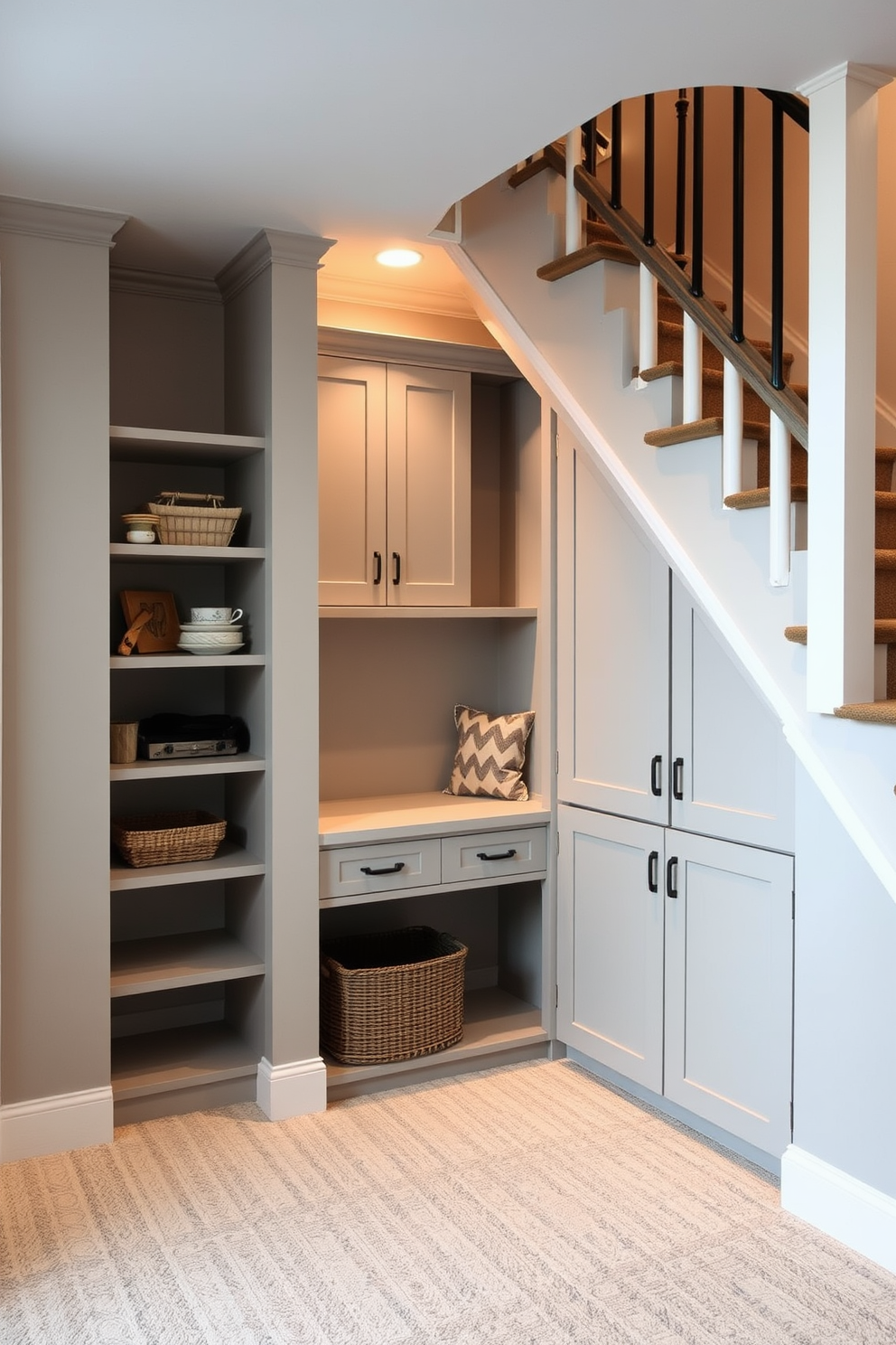 A cozy basement area designed under the stairs features custom-built shelves and cabinets for optimal storage. The walls are painted in a soft gray hue, and warm lighting highlights the functional yet stylish space.