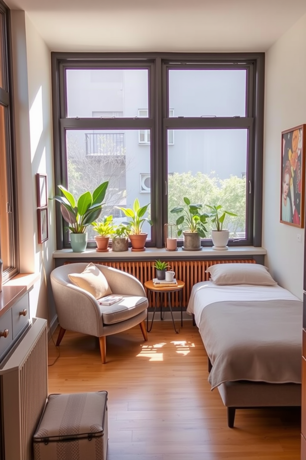 A cozy reading nook is nestled by large windows, featuring a plush armchair in a soft fabric and a small side table for books and beverages. Natural light floods the space, highlighting a collection of potted plants on the windowsill, creating a serene atmosphere. In the small basement, a stylish layout maximizes space with a multifunctional sofa that converts into a guest bed. The walls are painted in a light neutral tone, complemented by warm wood accents and soft lighting to enhance the inviting feel.