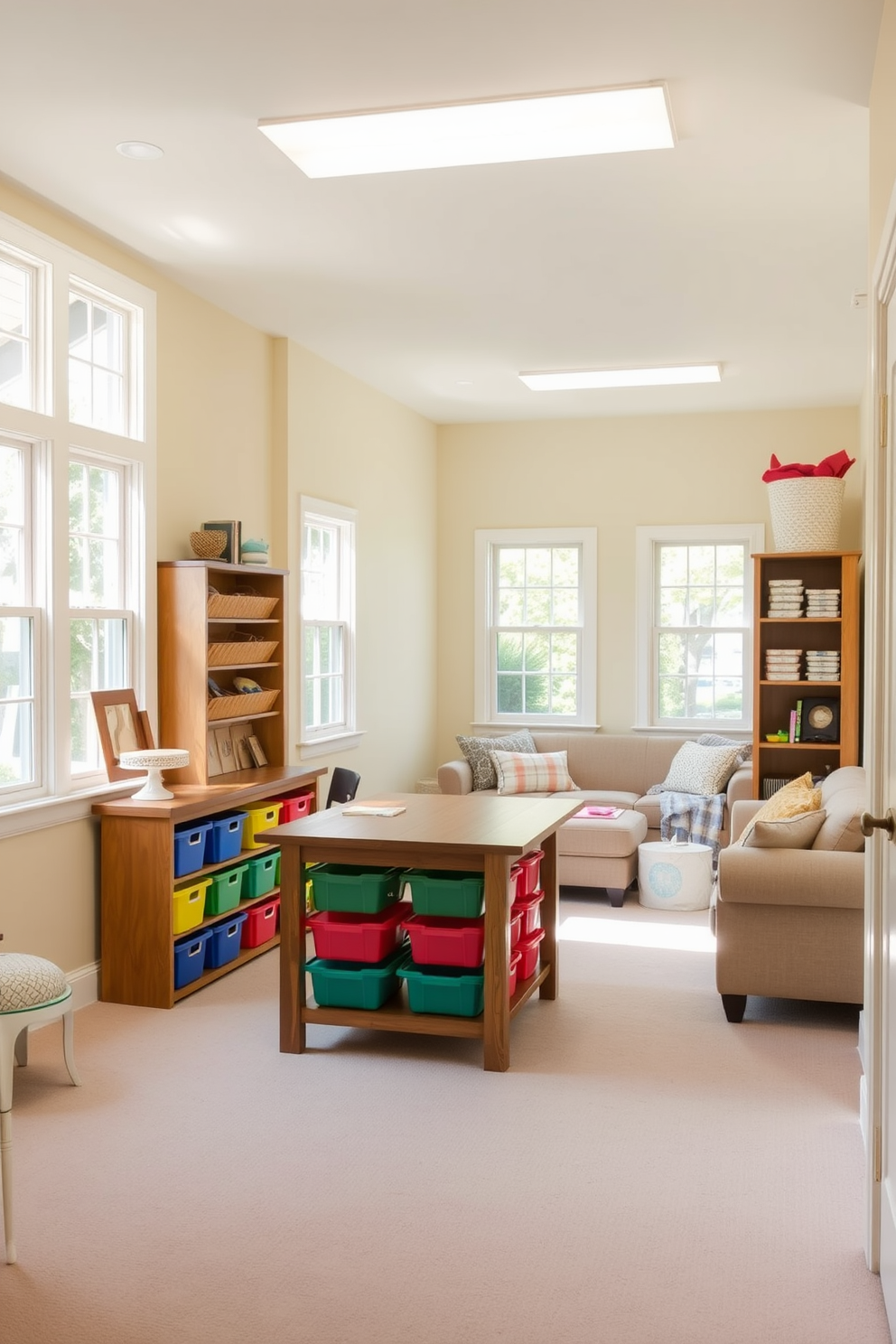 A bright and inviting craft area with ample natural light streaming through large windows. The space features a spacious wooden table surrounded by colorful storage bins and organized shelving for supplies. In the small basement design, create a cozy and multifunctional space that includes a comfortable seating area with plush sofas. Incorporate soft lighting and warm colors to make the area feel welcoming and spacious despite its size.