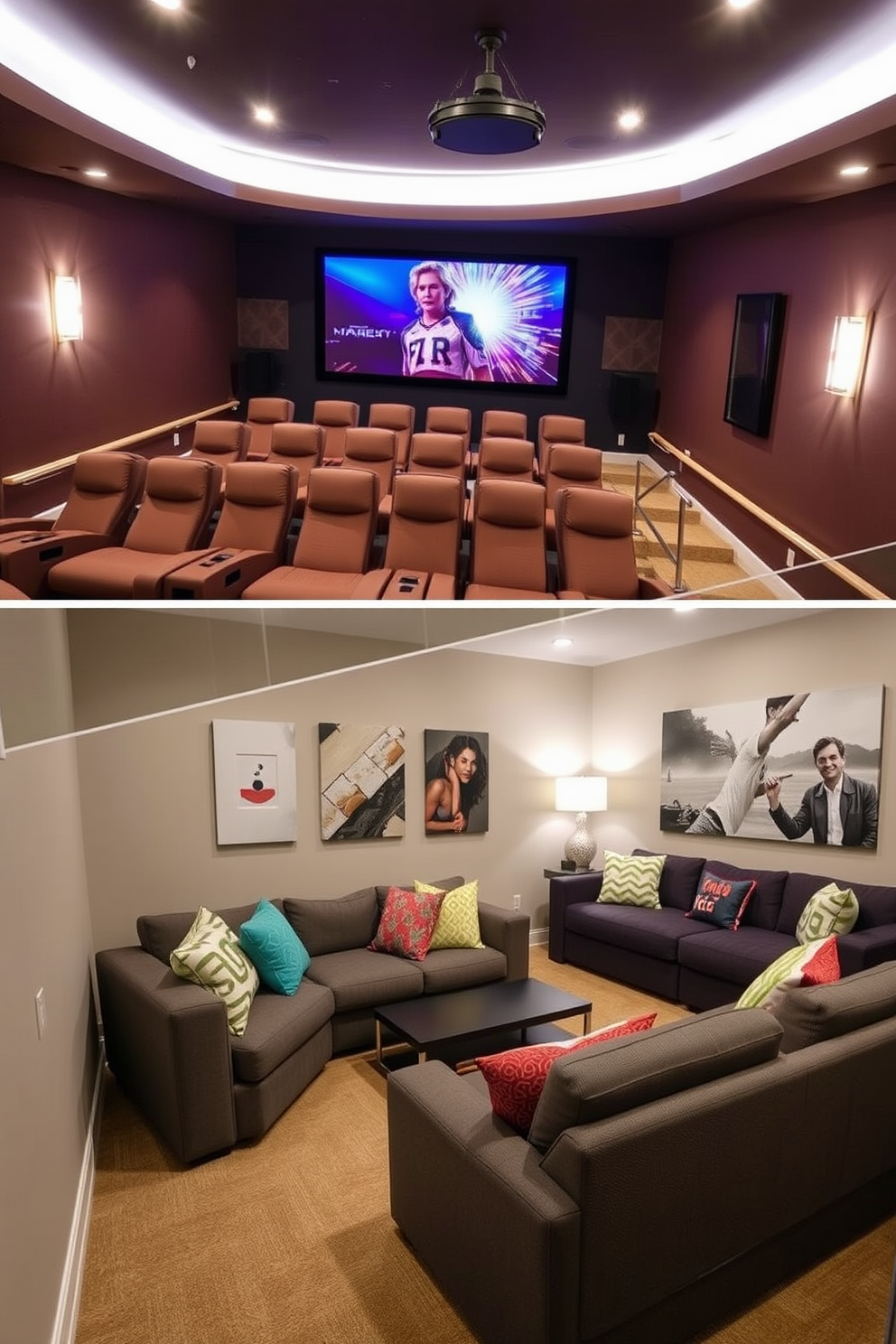 Create a movie theater with comfortable seating. The room features plush recliners arranged in tiers for optimal viewing, with a large screen mounted on the front wall. Small basement design ideas include a cozy lounge area with a sectional sofa and a coffee table. Incorporate bright lighting and colorful decor to make the space inviting and functional.