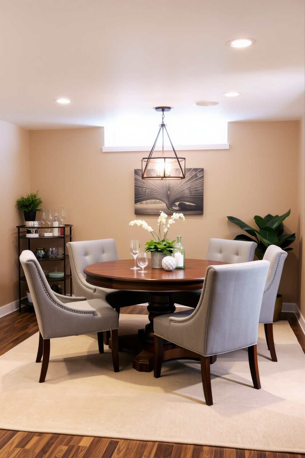 A cozy basement dining area featuring a round wooden table surrounded by upholstered chairs in a soft gray fabric. The walls are painted in a warm beige tone, and a stylish pendant light hangs above the table, creating an inviting atmosphere. To one side of the dining area, there is a small bar cart with glassware and decorative items, adding a touch of elegance. A large area rug in a neutral color anchors the space, while a couple of potted plants bring life and freshness to the room.