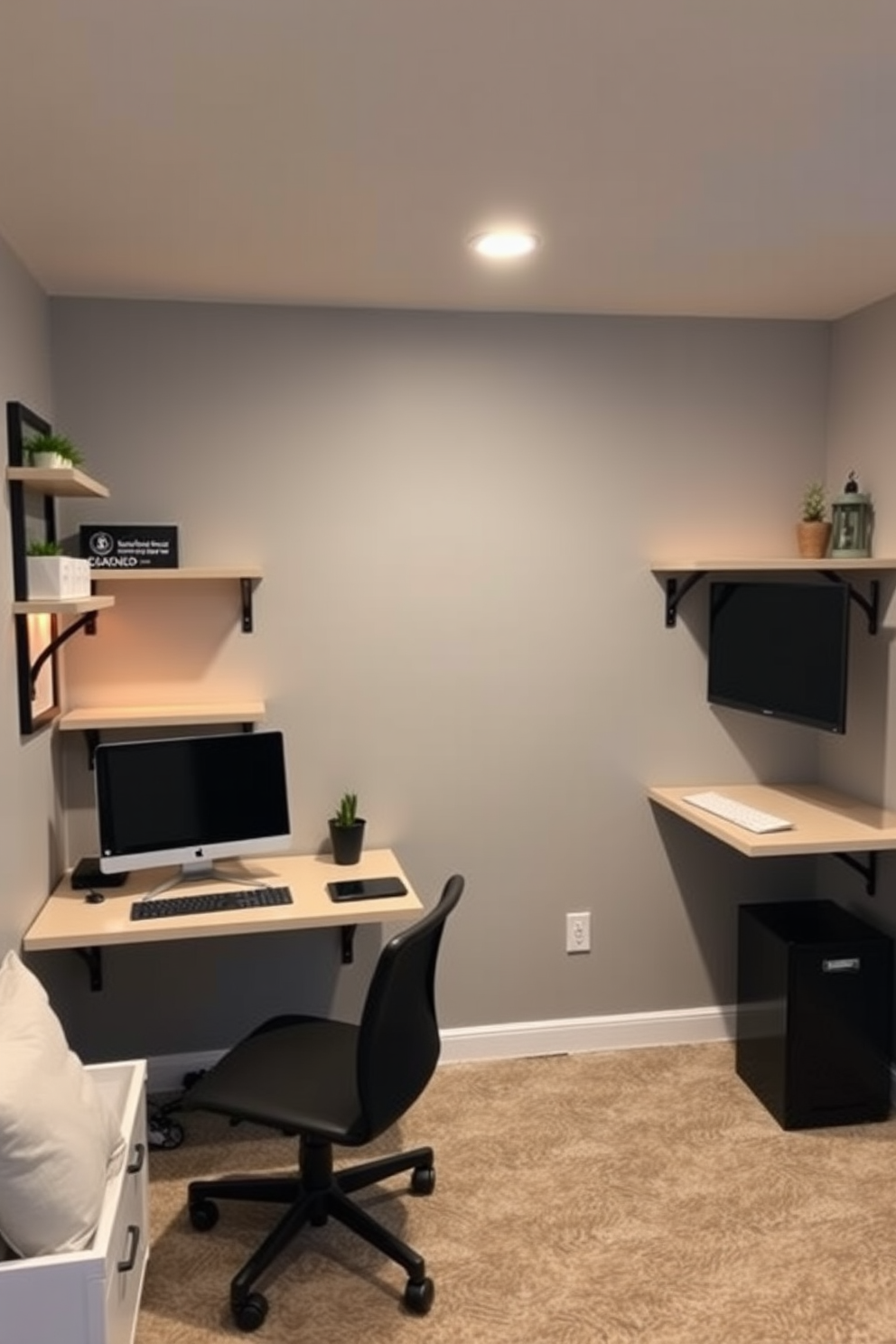 A cozy basement workspace features wall-mounted desks that maximize floor space while providing a functional area for productivity. The walls are painted in a soft gray hue, and warm LED lighting creates an inviting atmosphere for work and creativity.