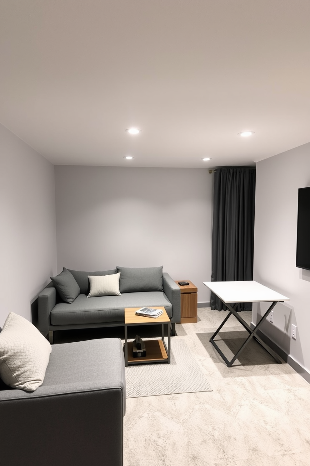 A cozy small basement designed for multifunctional living. The space features a sleek sofa bed that transforms into a comfortable sleeping area at night, paired with a compact coffee table that doubles as storage. In one corner, a foldable dining table is set against the wall, allowing for meals with friends while maximizing floor space. The walls are painted in a light gray tone, creating an airy feel, and strategic lighting highlights the room's versatility.