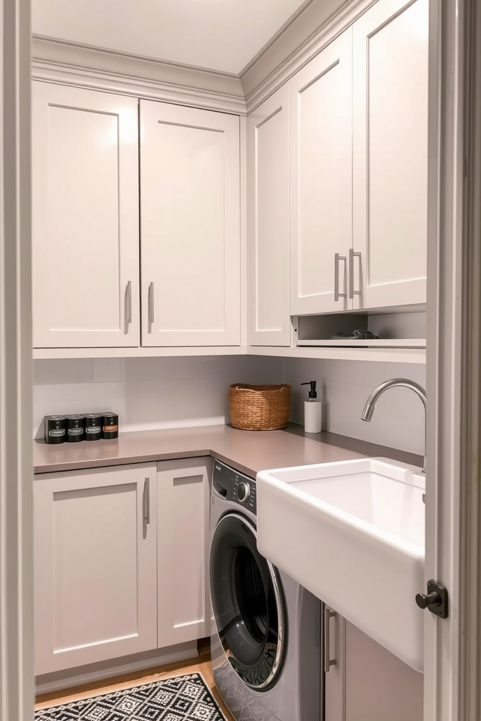 Create a stylish laundry area in a small basement. The space features modern cabinetry in a soft gray finish with sleek handles and a large farmhouse sink.