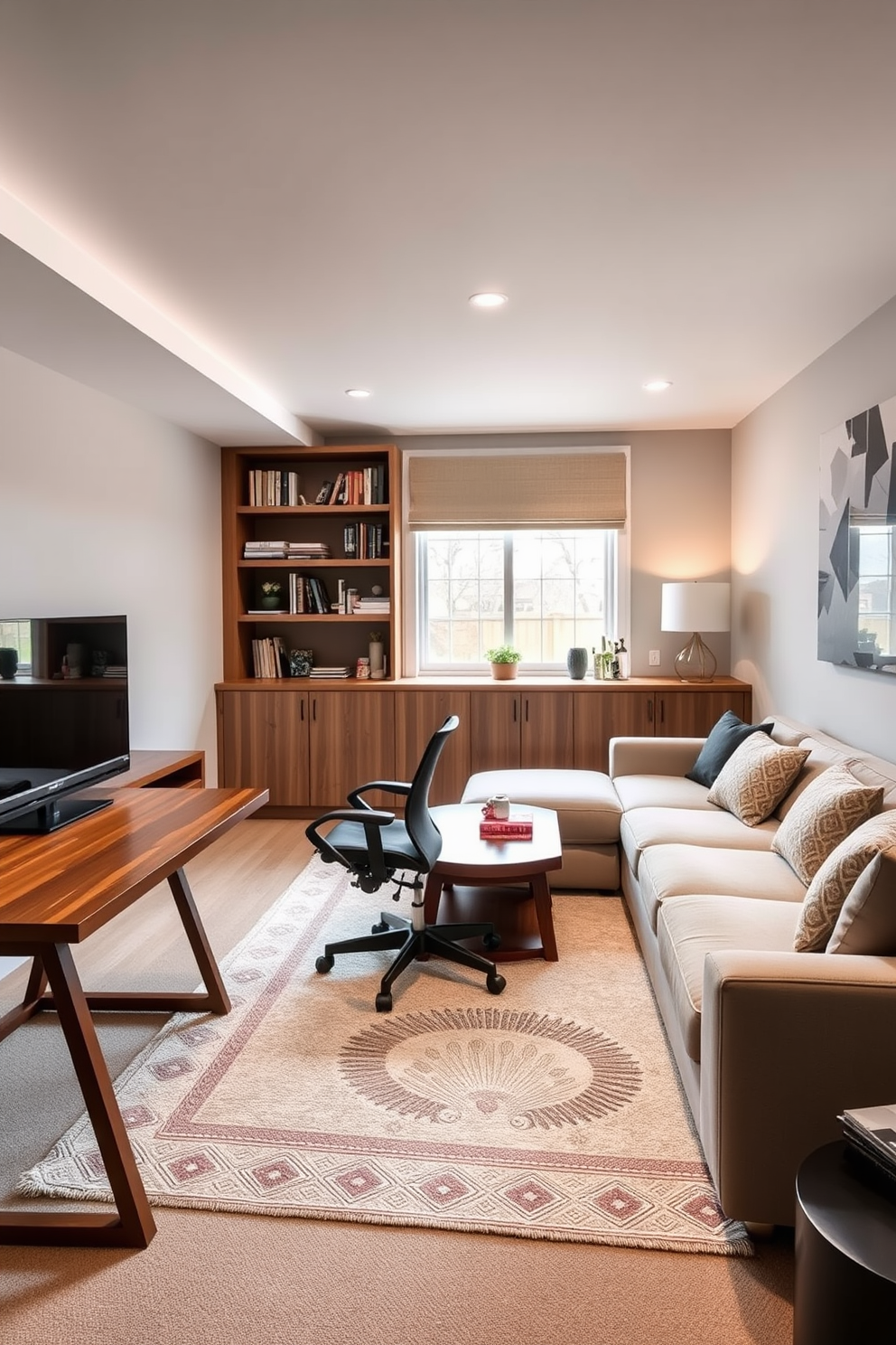 Create a stylish home office space. The room features a sleek wooden desk with a comfortable ergonomic chair, positioned near a large window that allows natural light to flood in. On the wall behind the desk, there are built-in shelves filled with books and decorative items. A soft area rug lies underfoot, complementing the modern aesthetic of the space. Small Basement Design Ideas. The basement is transformed into a cozy living area with a sectional sofa facing a contemporary media console. Soft lighting fixtures enhance the ambiance, while a small kitchenette in one corner provides convenience.