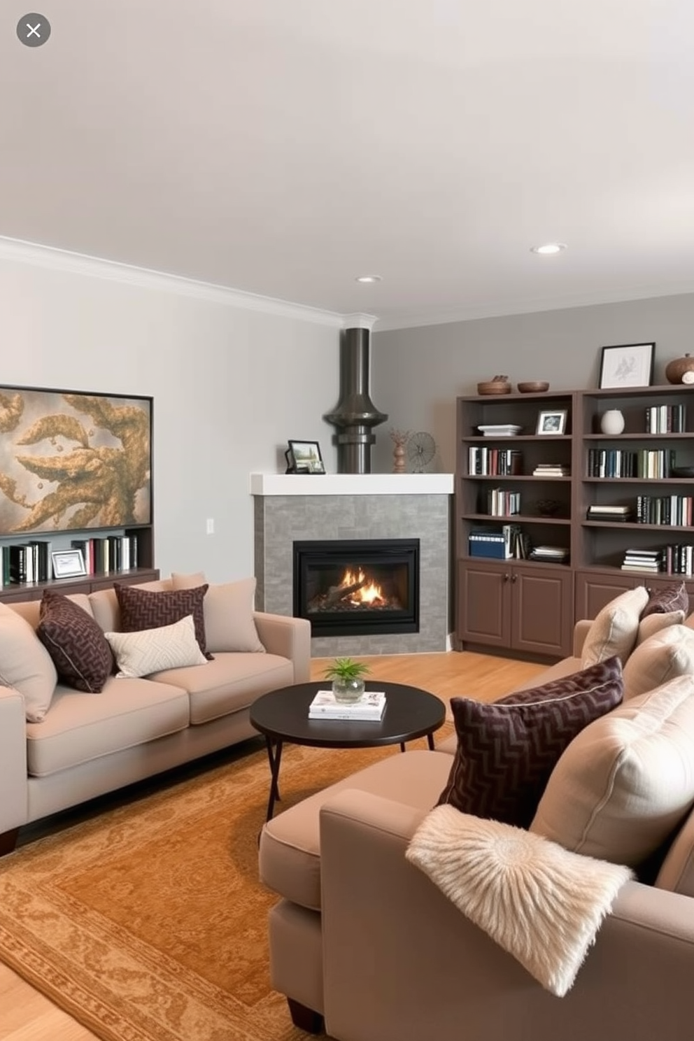 A cozy basement retreat featuring a comfortable sectional sofa adorned with plush throw pillows. The walls are painted in a soft gray, and the floor is covered with a warm area rug that adds texture. In the corner, a modern fireplace serves as a focal point, providing warmth and ambiance to the space. Shelving units filled with books and decorative items line the walls, enhancing the inviting atmosphere.