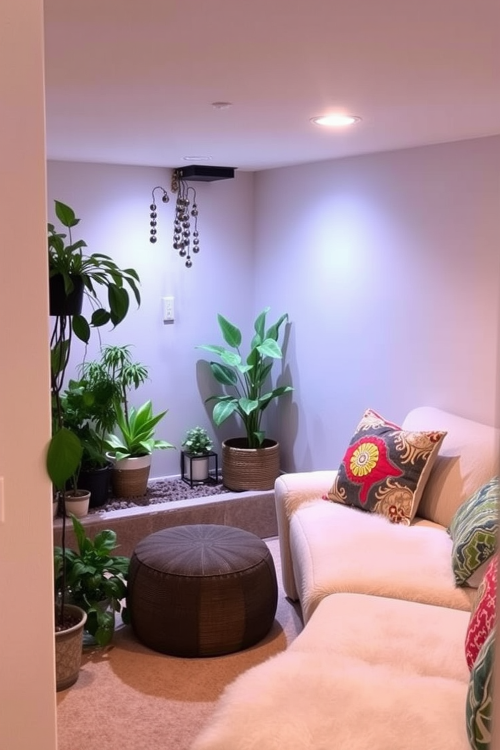 A cozy small basement designed for relaxation. Soft lighting illuminates a comfortable seating area with a plush sofa and vibrant throw pillows. In one corner, a small indoor garden features potted plants that bring life to the space. The walls are painted in a light neutral tone, enhancing the airy atmosphere.