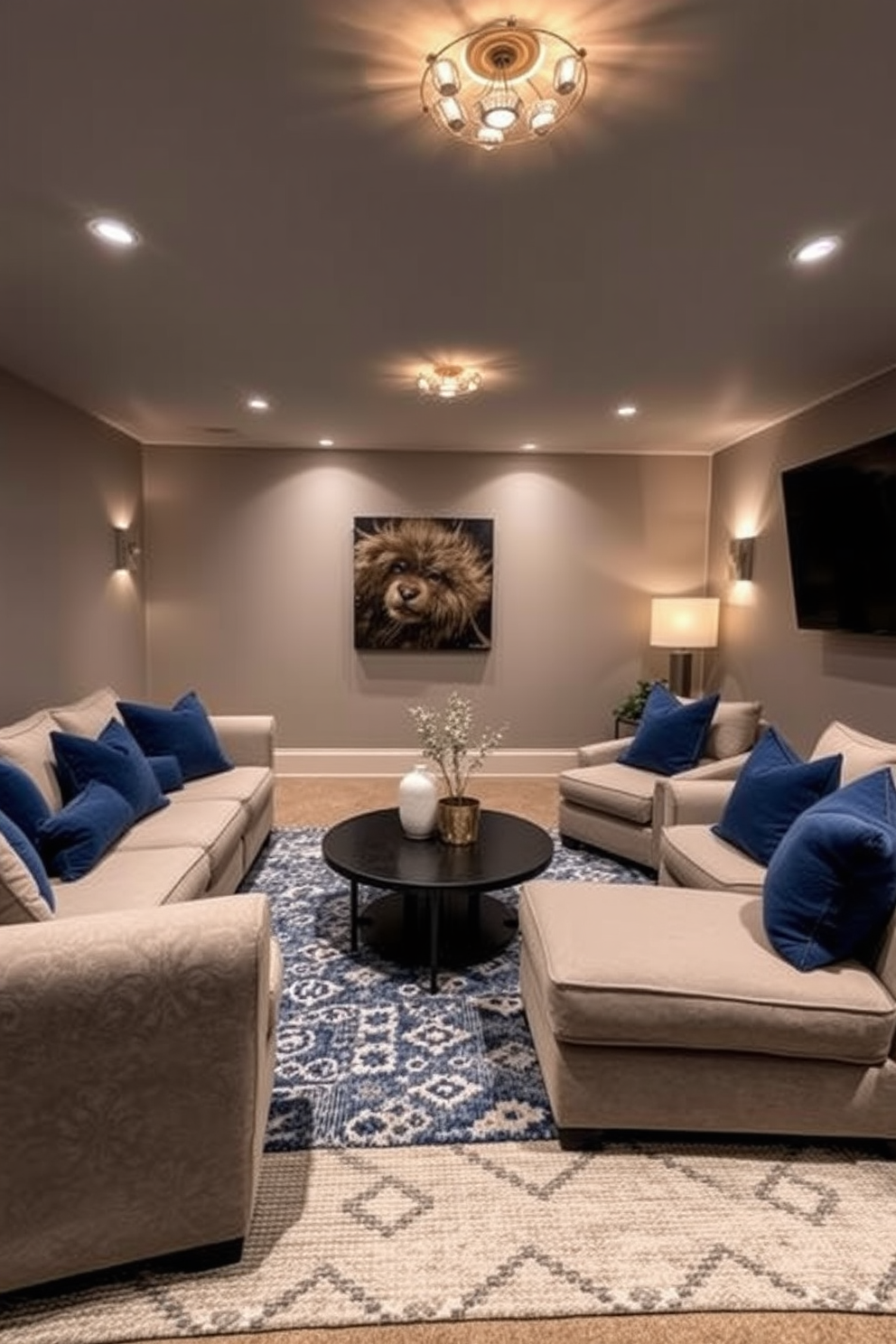 A cozy basement space designed for relaxation. Soft decorative lighting is strategically placed to create a warm and inviting atmosphere, enhancing the overall comfort of the room. The walls are painted in a soft gray tone, complemented by plush seating arrangements featuring deep blue accents. A stylish coffee table sits in the center, surrounded by a mix of textured rugs that add depth to the space.