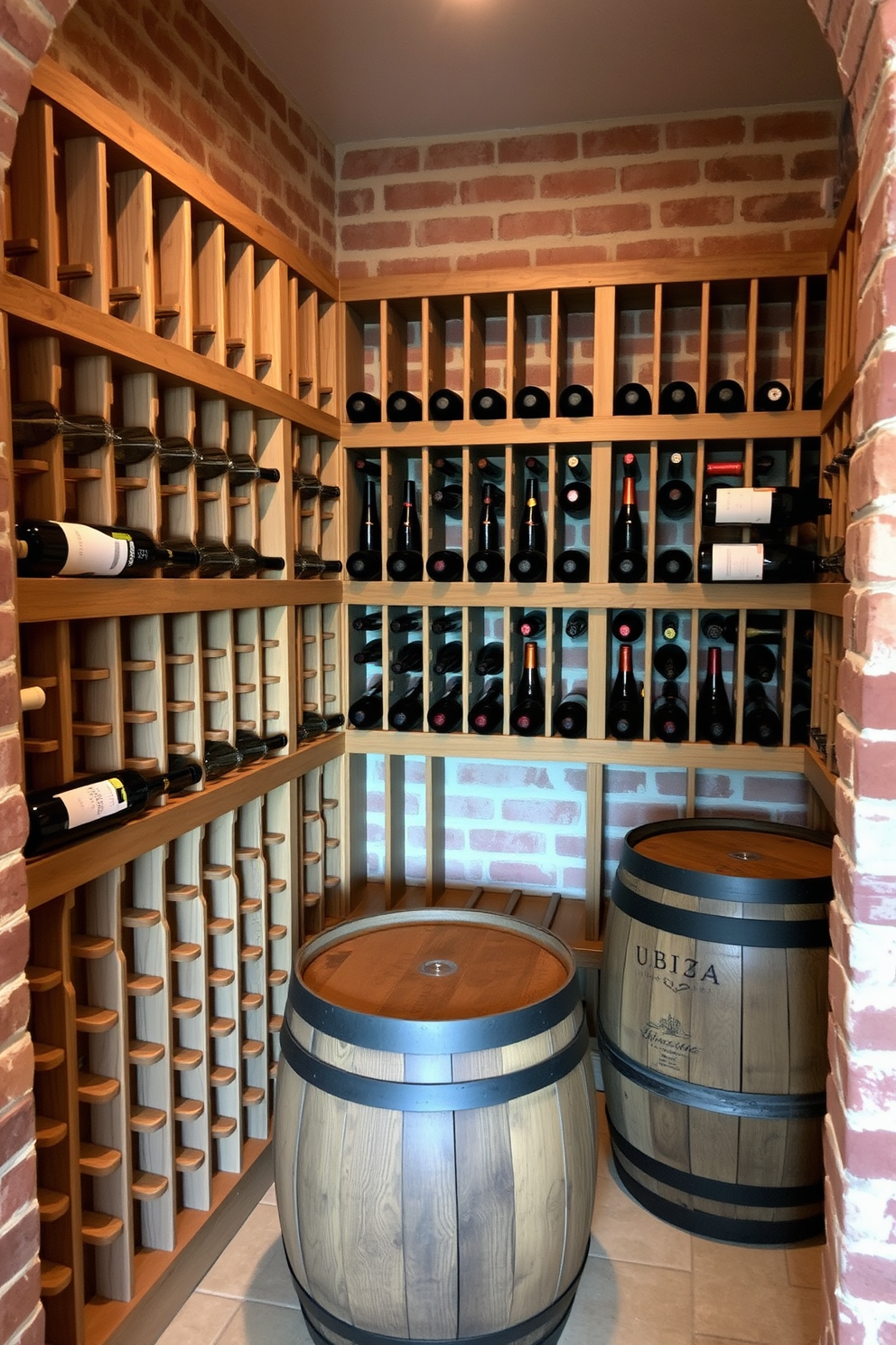 A cozy small wine cellar with rustic wooden racks that hold an assortment of wine bottles. The walls are exposed brick, adding warmth, while soft ambient lighting creates an inviting atmosphere. In the corner, a small tasting table made of reclaimed wood invites intimate gatherings. A decorative wine barrel serves as a unique accent piece, enhancing the cellar's charm.