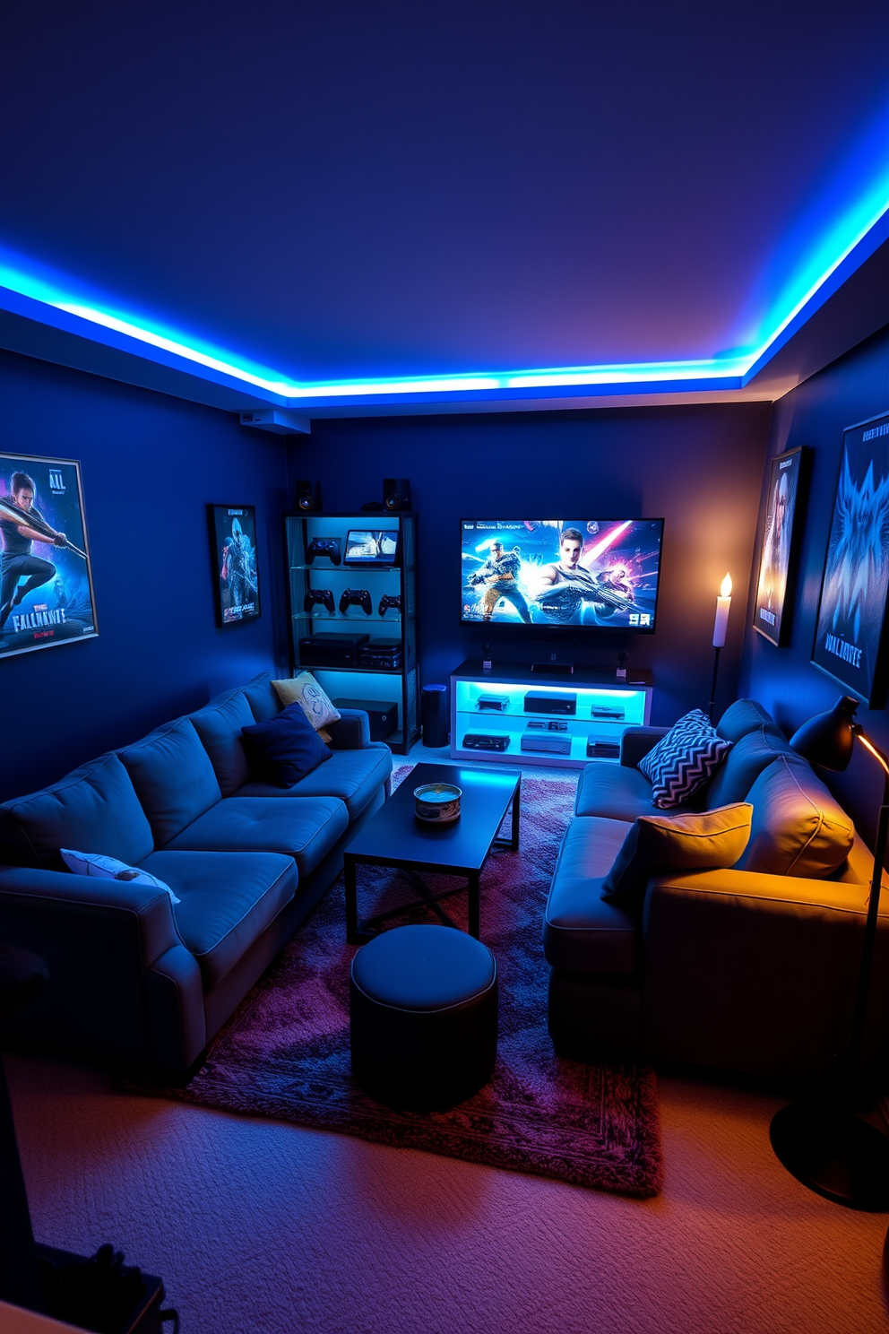 A cozy gaming zone in a small basement features a plush sectional sofa arranged around a sleek coffee table. The walls are painted in a deep navy blue, and ambient LED lighting creates a vibrant atmosphere for gaming sessions. To enhance the space, a large wall-mounted TV is positioned opposite the seating area, with shelves for game consoles and accessories. A soft area rug adds warmth, while framed posters of popular games adorn the walls, reflecting the owner's passion for gaming.