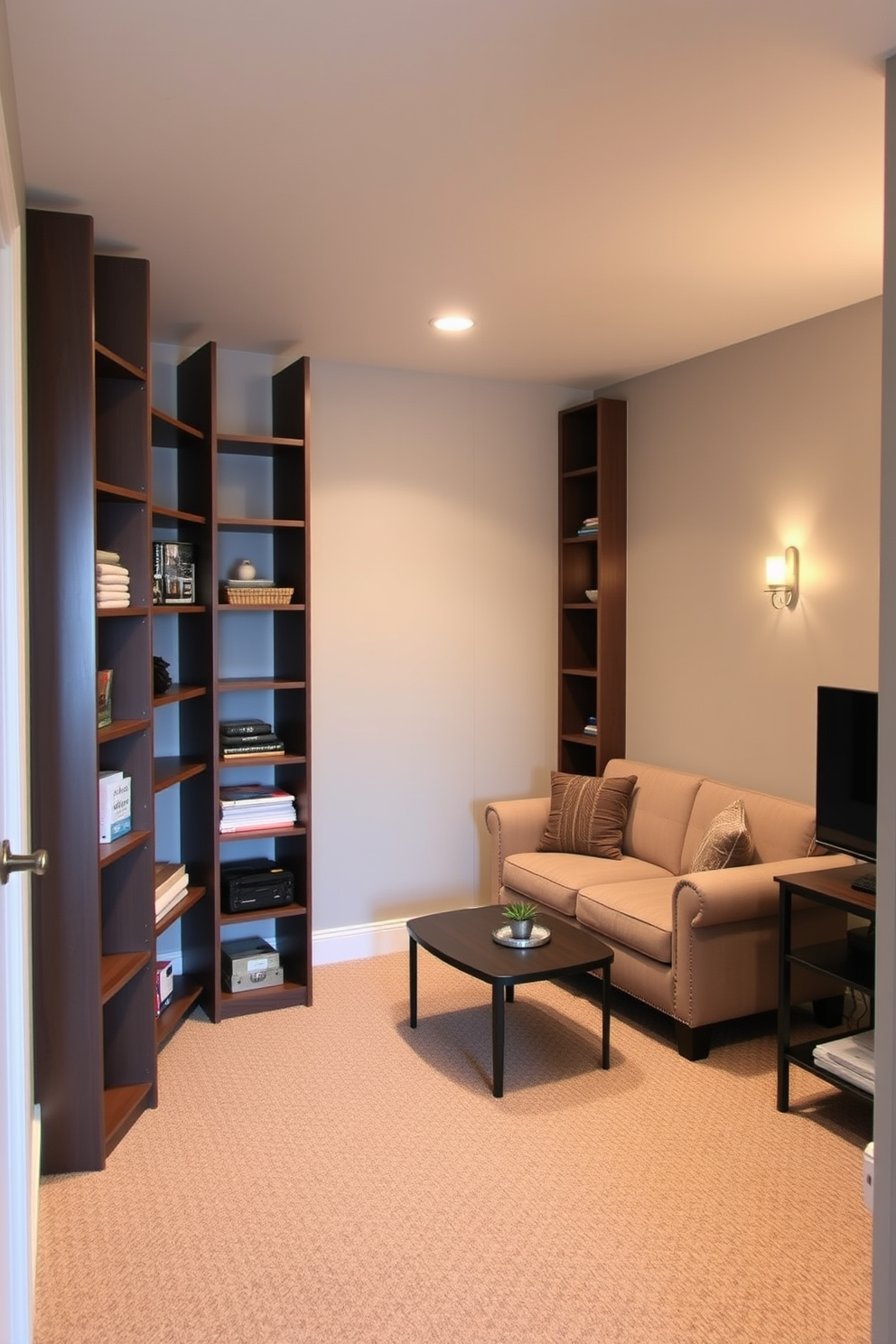 A cozy basement space designed for maximum efficiency. The walls are painted a light gray, and vertical shelving units are installed to create storage without taking up floor space. A small, inviting seating area features a plush sofa and a coffee table, both positioned to encourage conversation. Soft lighting from wall sconces enhances the warm atmosphere, making the basement feel welcoming and functional.