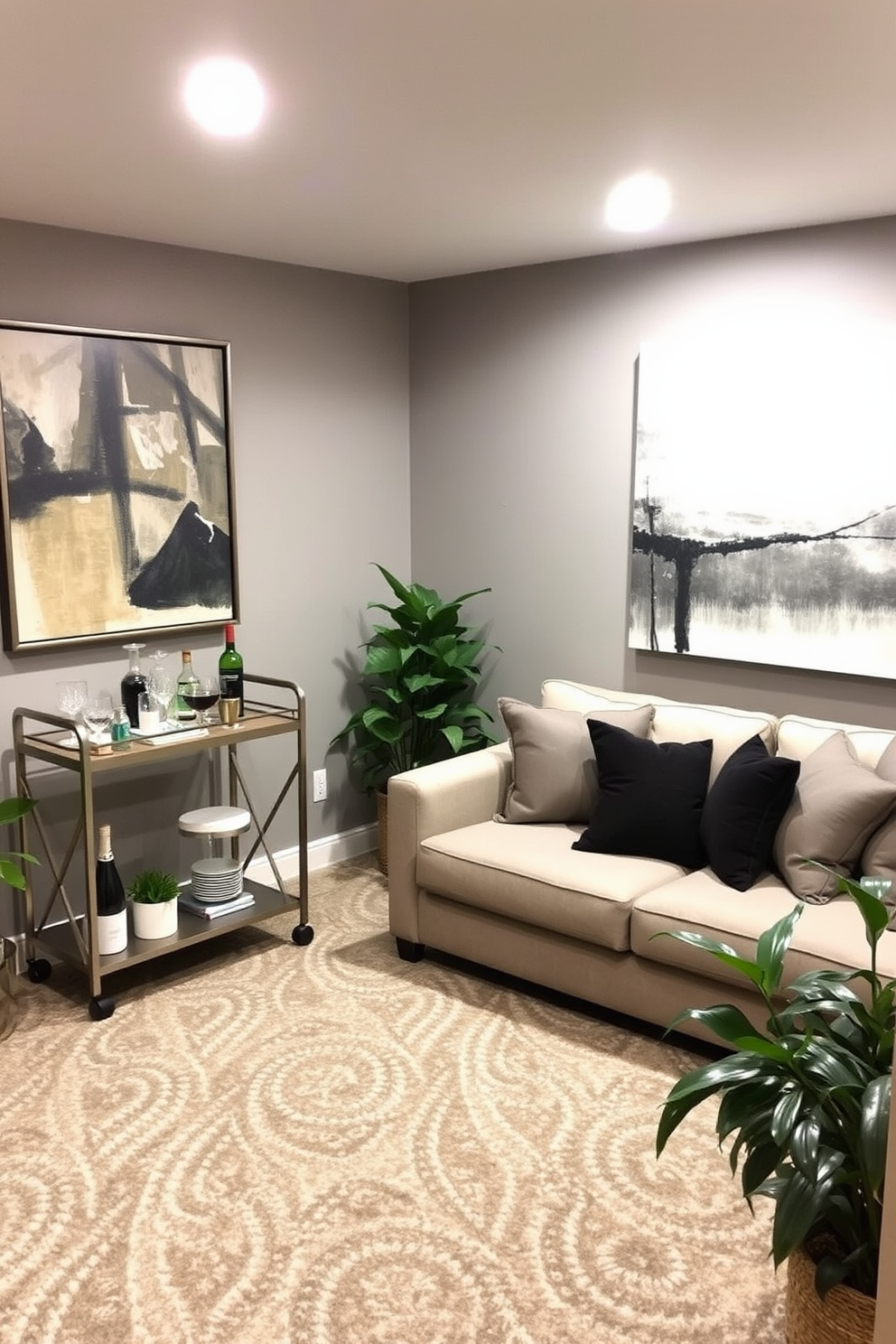 A cozy basement retreat featuring soft lighting and comfortable furniture. The walls are painted in a warm gray tone, and a large abstract painting hangs above a plush sectional sofa. In one corner, a stylish bar cart is stocked with glassware and decorative bottles. A patterned area rug adds texture to the space, while potted plants bring a touch of greenery and life to the room.