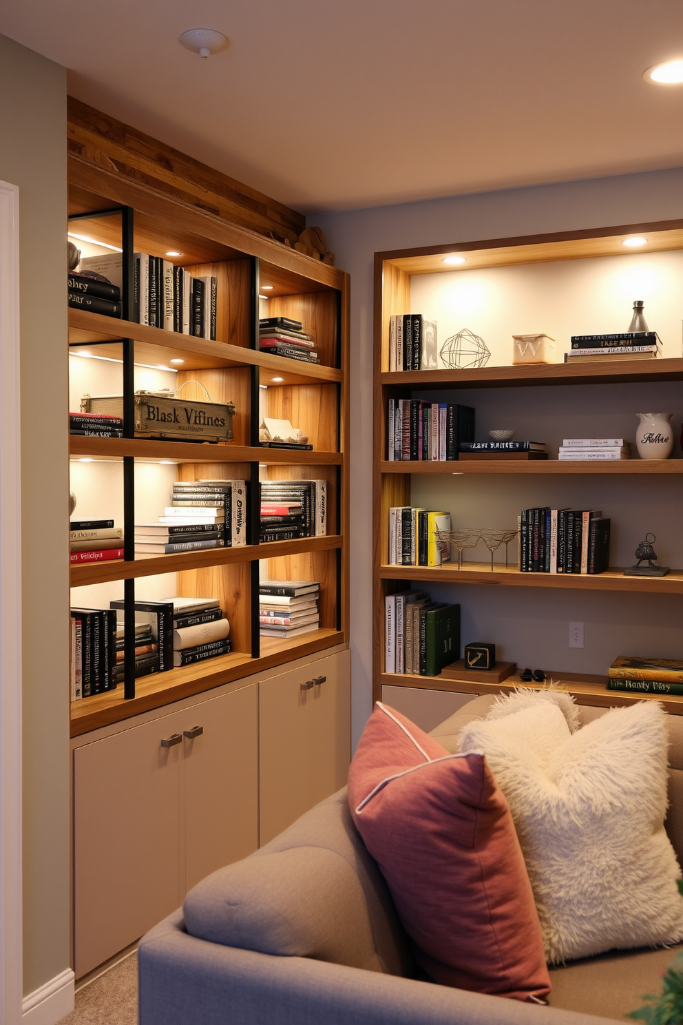 A cozy small basement design featuring built-in shelving for storage. The shelves are made of reclaimed wood and are filled with books and decorative items, creating an inviting atmosphere. Soft ambient lighting highlights the shelving and adds warmth to the space. A comfortable seating area with plush cushions and a small coffee table is situated nearby, perfect for relaxation.