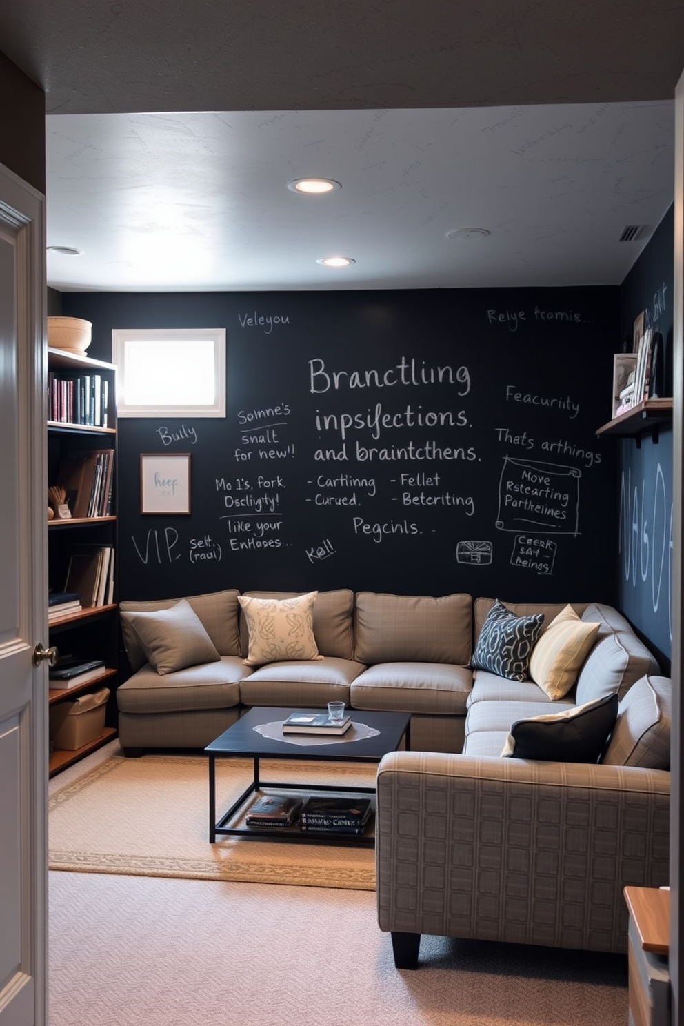 A cozy basement space designed for creativity features a chalkboard wall that invites artistic expression and brainstorming. The area is furnished with a comfortable sectional sofa and a sleek coffee table, providing a welcoming atmosphere for relaxation and inspiration. Natural light filters in through a small window, brightening the room and enhancing the warm color palette of soft grays and earthy tones. Shelves lined with books and art supplies add personality and functionality, making this basement a perfect blend of comfort and creativity.