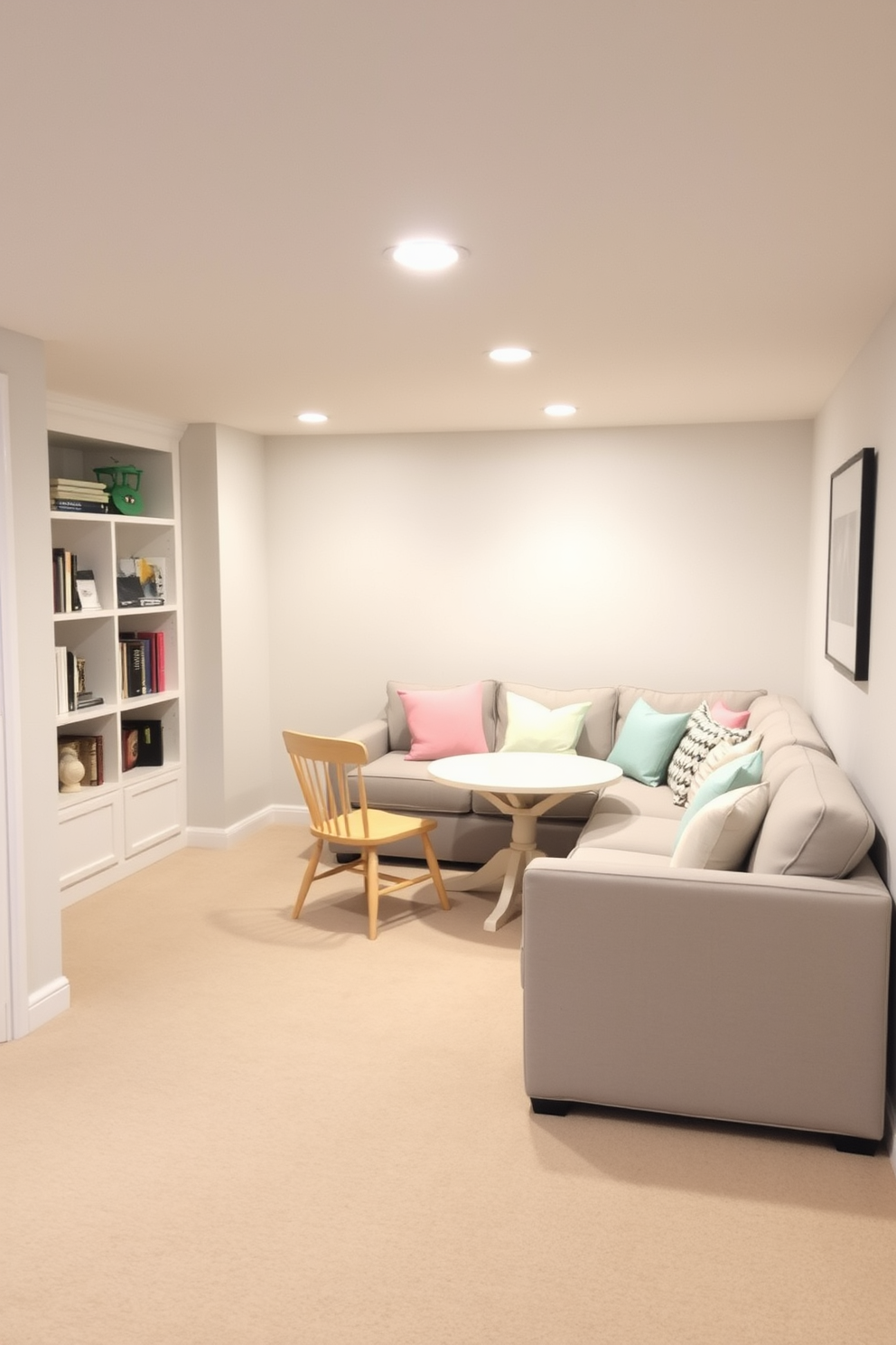 A cozy basement retreat featuring light-colored walls and soft beige carpeting that creates an airy atmosphere. A comfortable sectional sofa in a light gray fabric is positioned against one wall, accented by pastel-colored throw pillows. In one corner, a small round table with two light wood chairs invites casual dining or game nights. Shelving units painted in white display books and decorative items, enhancing the cheerful ambiance of the space.