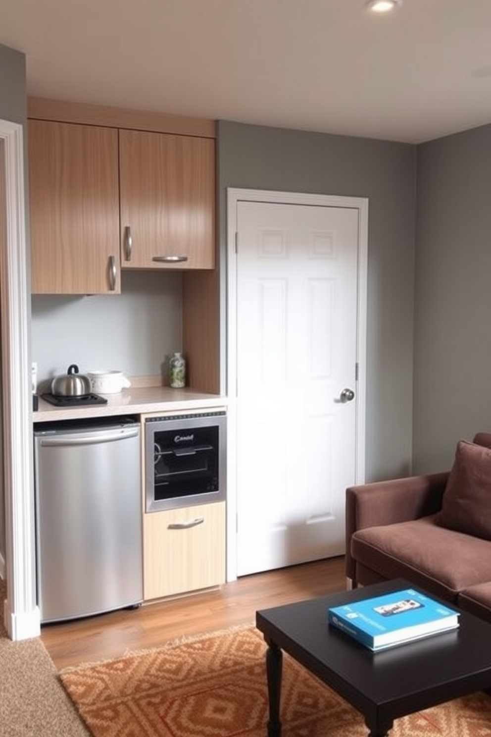 A cozy small basement design featuring a compact kitchenette. The kitchenette includes sleek cabinetry in a light wood finish, a small refrigerator, and a two-burner stove, all arranged efficiently along one wall. Adjacent to the kitchenette, a comfortable seating area is set up with a plush sofa and a coffee table. The walls are painted in a soft gray tone, and the floor is covered with a warm area rug, creating an inviting atmosphere.