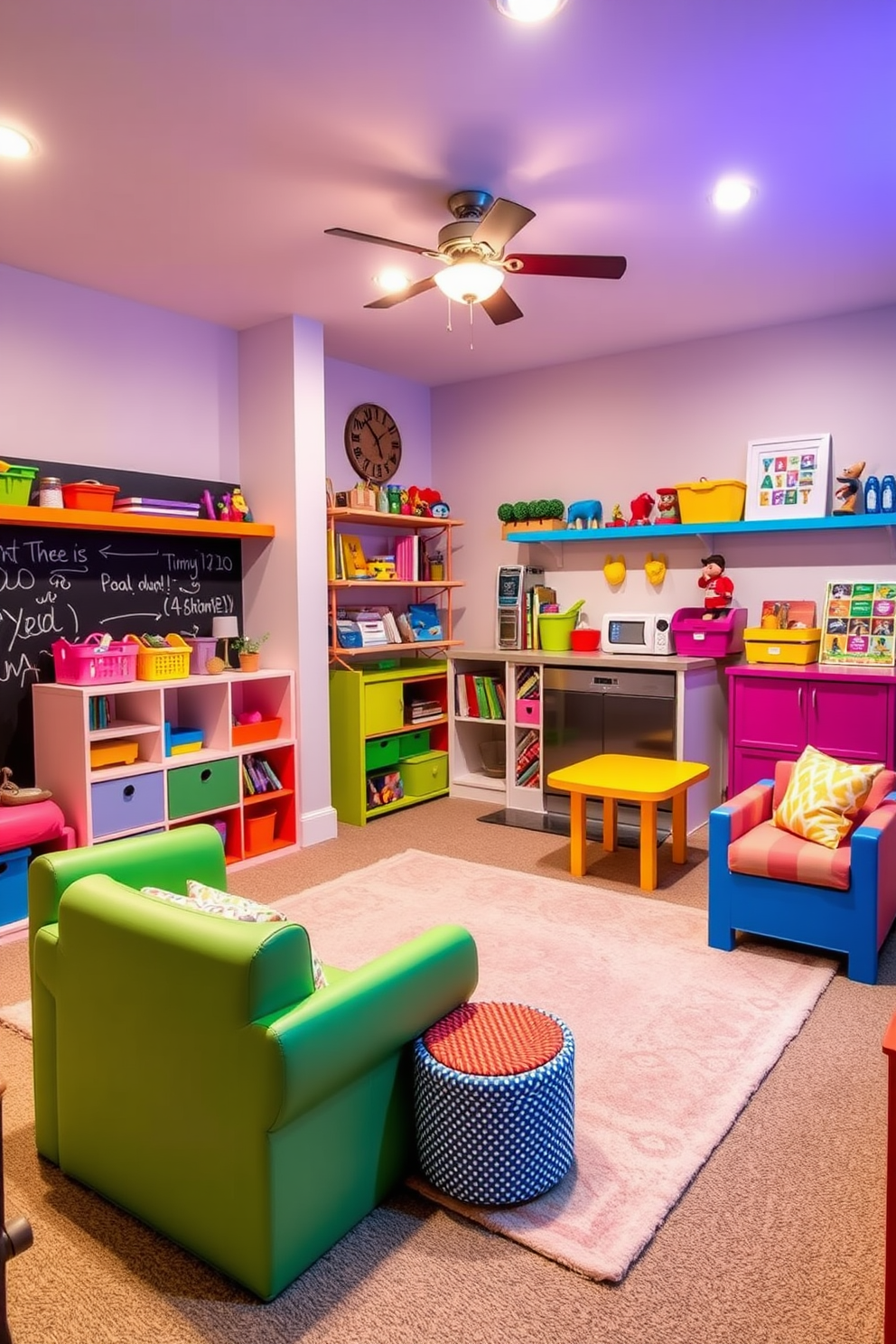 Design a vibrant playroom filled with colorful furniture and playful decor. Include a soft rug for comfort, a chalkboard wall for creativity, and shelves stocked with toys and books. Create a cozy basement space that combines functionality and style. Incorporate a comfortable seating area, a small kitchenette, and ambient lighting to enhance the inviting atmosphere.