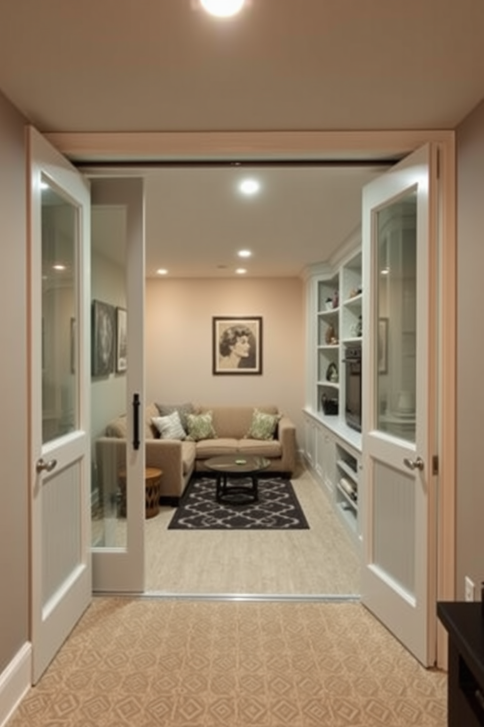 A cozy small basement design featuring sliding doors that open up to a multifunctional living area. The space is illuminated with warm lighting, showcasing a comfortable seating arrangement and a small kitchenette. The walls are painted in a light gray tone, enhancing the airy feel of the basement. A stylish area rug anchors the seating area, while built-in shelves provide both storage and display options for personal items.