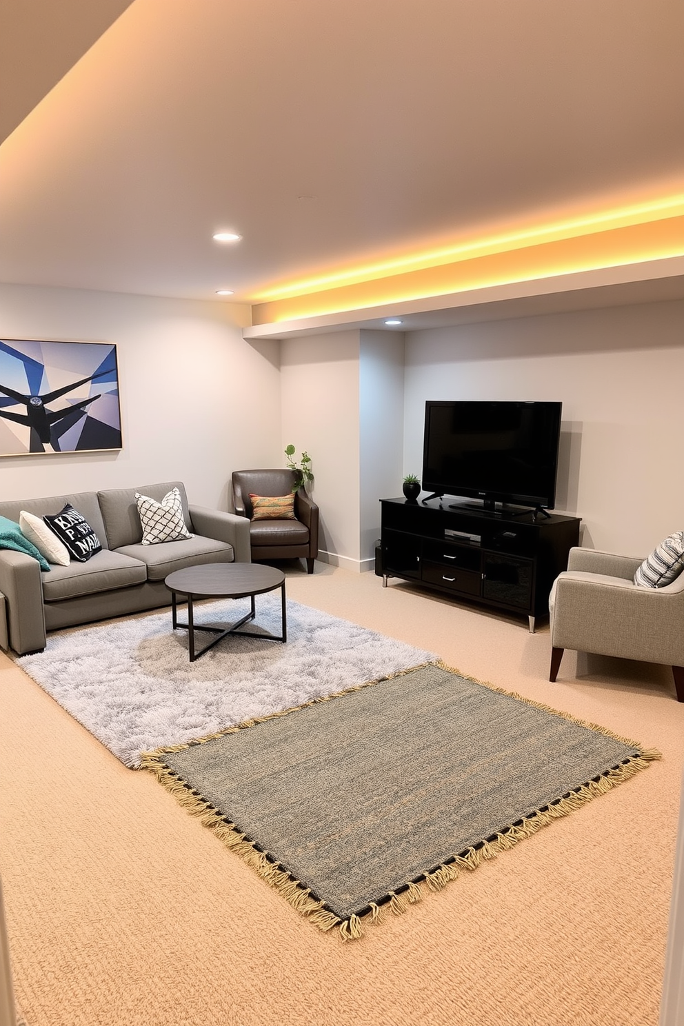 A cozy small basement design featuring distinct areas defined by stylish rugs. The living space includes a plush area rug in soft gray under a modern sectional sofa, while a vibrant patterned rug defines the entertainment zone with a sleek TV stand. In the corner, a small reading nook is created with a comfortable armchair placed on a warm, textured rug. The walls are painted a light neutral tone, and the ceiling is accented with warm lighting to enhance the inviting atmosphere.