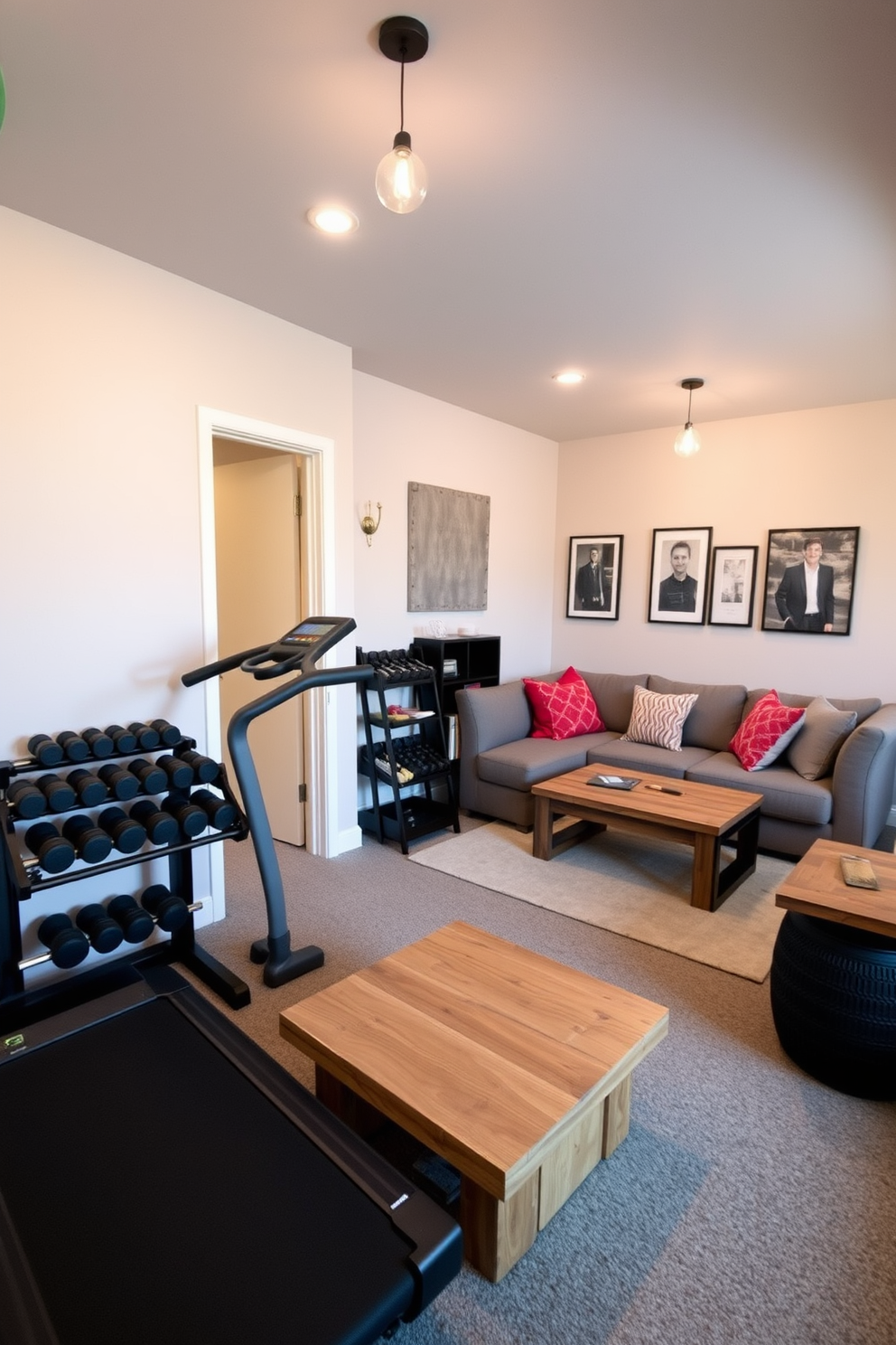 A cozy mini home gym setup featuring a sleek treadmill against one wall and a set of dumbbells neatly arranged on a rack. The walls are painted in a light gray color, and a large mirror reflects the space, making it feel more open and inviting. A stylish basement design with a comfortable seating area that includes a plush sectional sofa and a coffee table made of reclaimed wood. Soft lighting fixtures hang from the ceiling, and the walls are adorned with artwork, creating a warm and welcoming atmosphere.