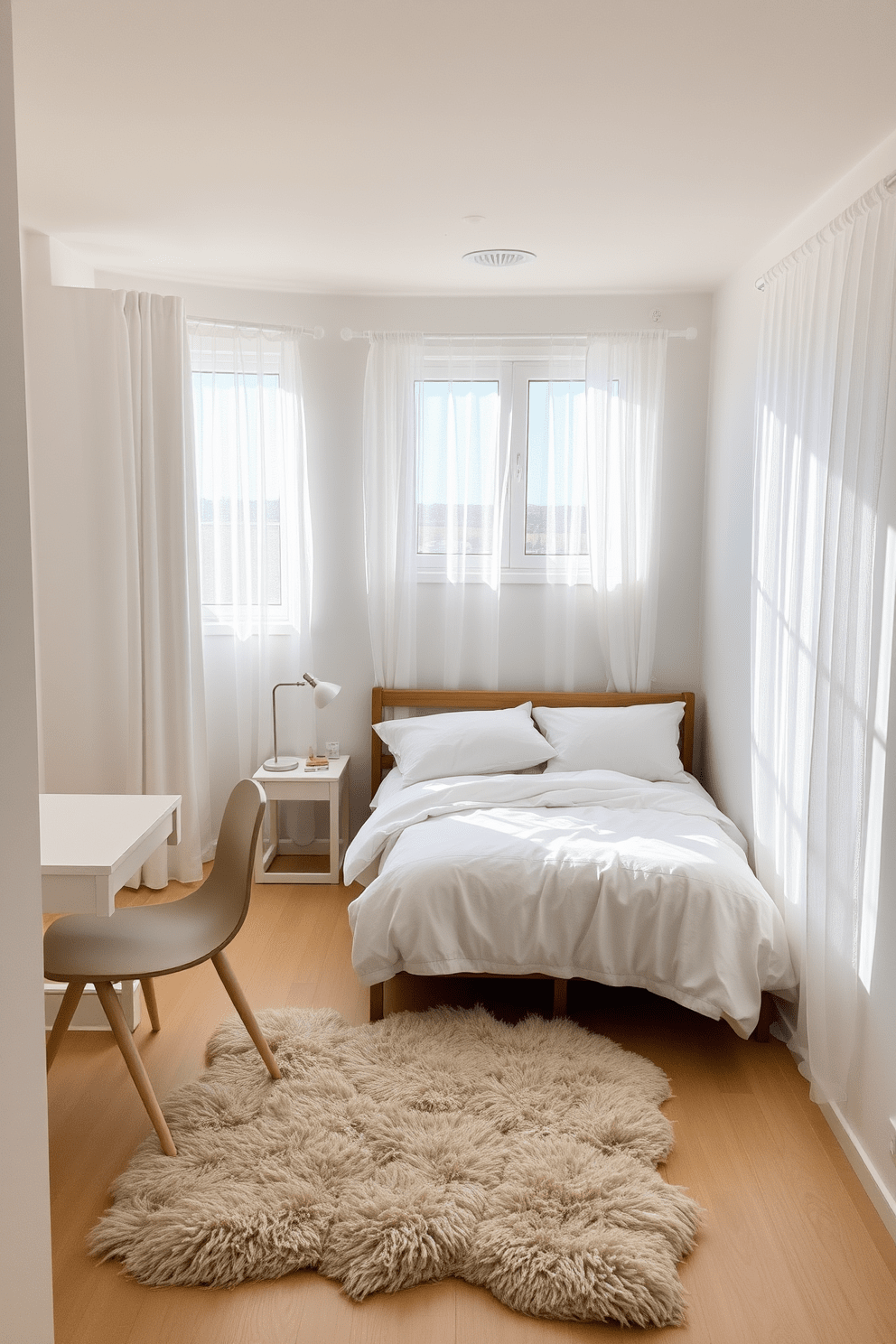 A cozy small bedroom featuring light-colored walls and soft white bedding creates an airy atmosphere. A minimalist wooden bed frame is positioned against one wall, complemented by two small bedside tables with elegant lamps. Natural light floods the room through sheer curtains, enhancing the sense of openness. A small desk in the corner offers a functional workspace, while a plush area rug adds warmth to the space.