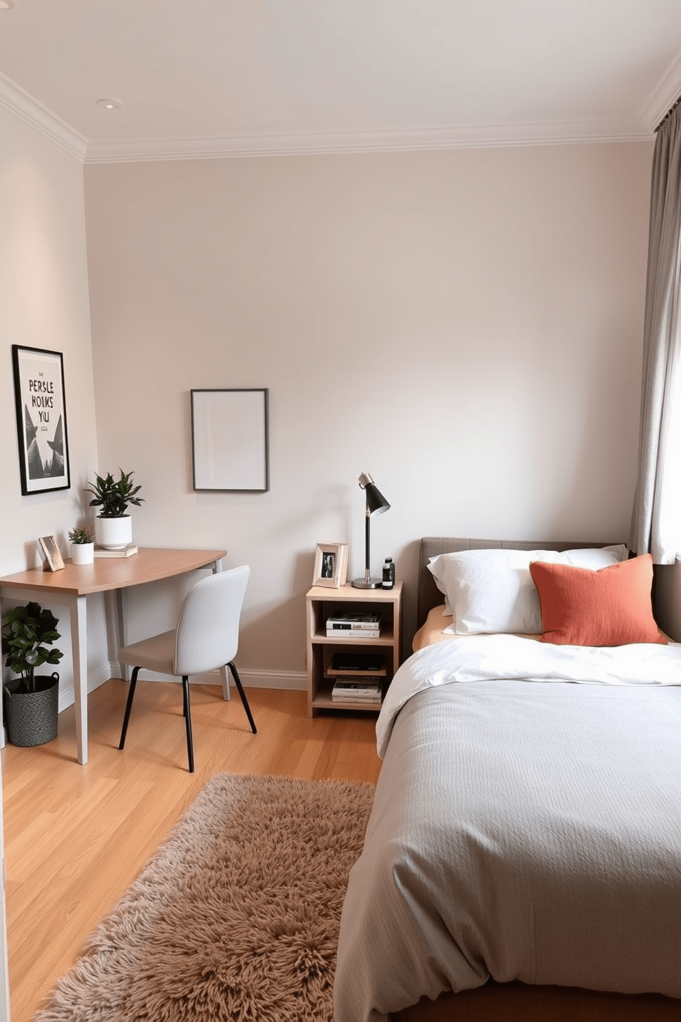 A cozy small bedroom featuring a comfortable bed with under-bed storage drawers. The walls are painted in a soft pastel hue, and a small nightstand holds a stylish lamp and a few books. A compact desk with a minimalist design is placed against one wall, maximizing the use of space. A plush area rug adds warmth to the room, while a few decorative plants bring a touch of nature indoors.