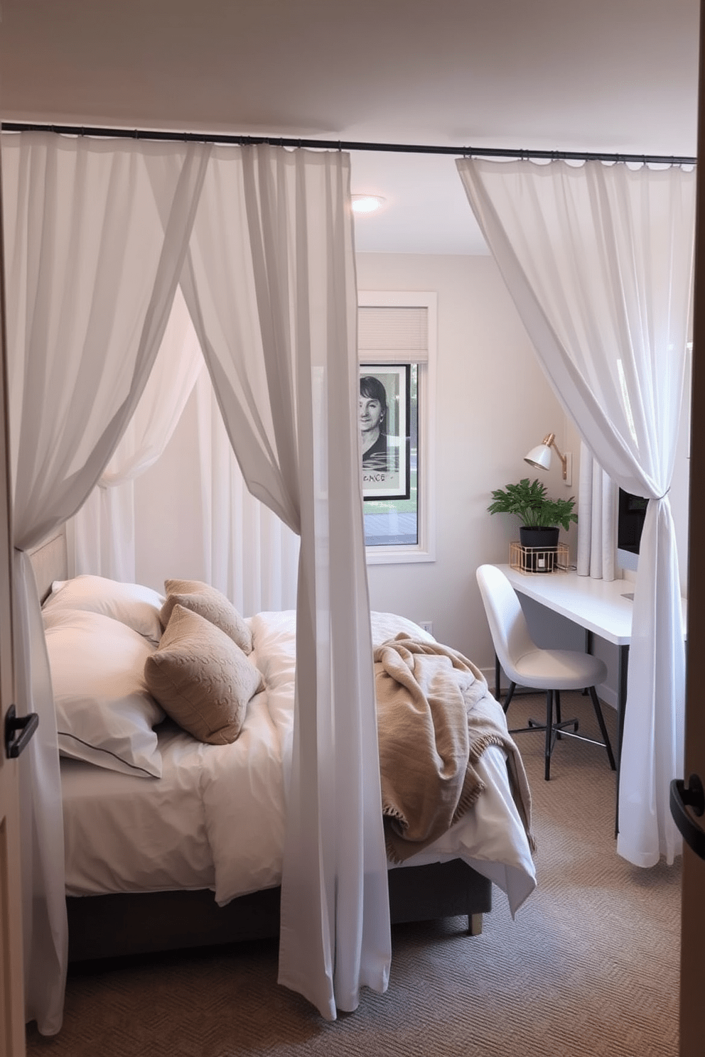 A cozy small bedroom featuring curtain dividers to create flexible spaces. The bed is pushed against one wall, adorned with soft linens and plush pillows, while the curtains elegantly separate the sleeping area from a small workspace.