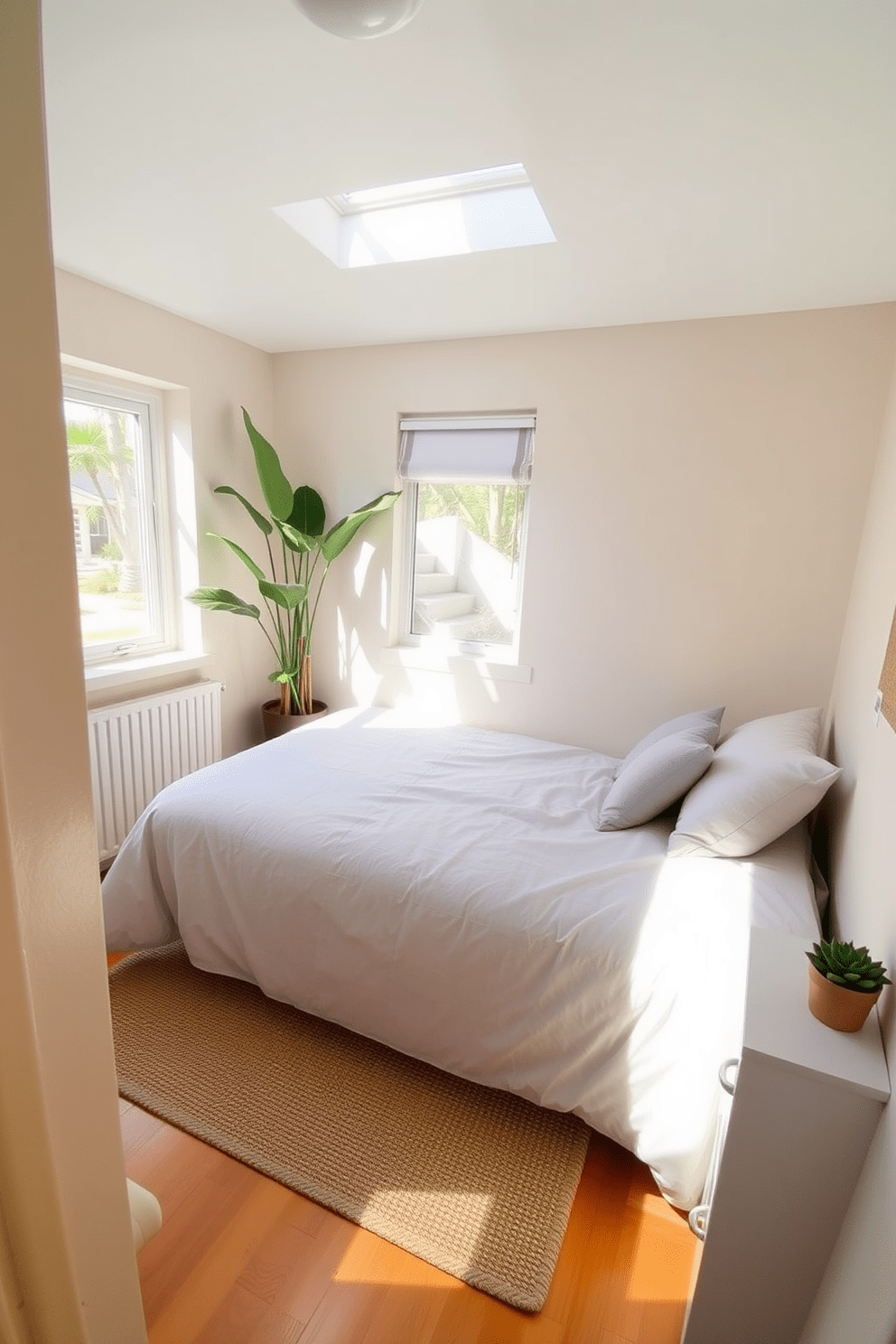 A cozy small bedroom filled with natural light. There is a queen-sized bed with a soft, light gray duvet and two matching pillows on either side. In one corner, a tall leafy plant adds a fresh touch, while a small potted succulent sits on the nightstand. The walls are painted in a soft beige, and a woven rug lies beneath the bed, complementing the warm wooden floor.