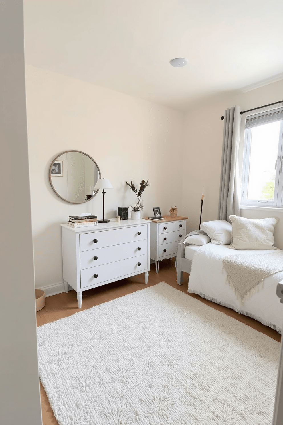 A cozy small bedroom featuring a light rug that brightens the space. The walls are painted in a soft pastel color, and a comfortable bed with fluffy pillows is positioned against one side. A small bedside table stands next to the bed, adorned with a stylish lamp and a few decorative books. A compact dresser is placed opposite the bed, with a small mirror above it reflecting the natural light coming from a nearby window.