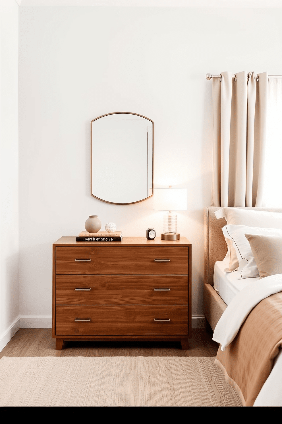 A compact dresser with sleek lines and a warm wood finish is placed against the wall, maximizing space while providing ample storage. The dresser features minimalist hardware and is topped with a decorative mirror that enhances the room's light and depth. Soft, neutral tones dominate the bedding and curtains, creating a serene atmosphere. A small bedside table complements the dresser, adorned with a stylish lamp and a few personal touches for a cozy feel.