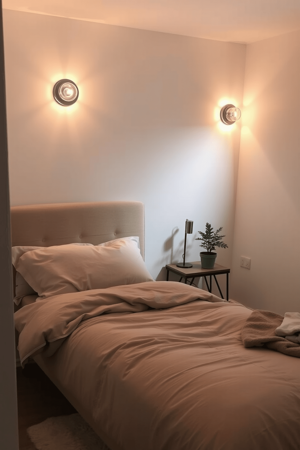 A cozy small bedroom featuring wall-mounted lighting fixtures that provide a warm ambient glow. The bed is positioned against a light gray wall, with a plush headboard and soft bedding in muted tones. To the side, a compact nightstand holds a small plant and a stylish lamp. The floor is adorned with a soft area rug, adding texture and comfort to the space.