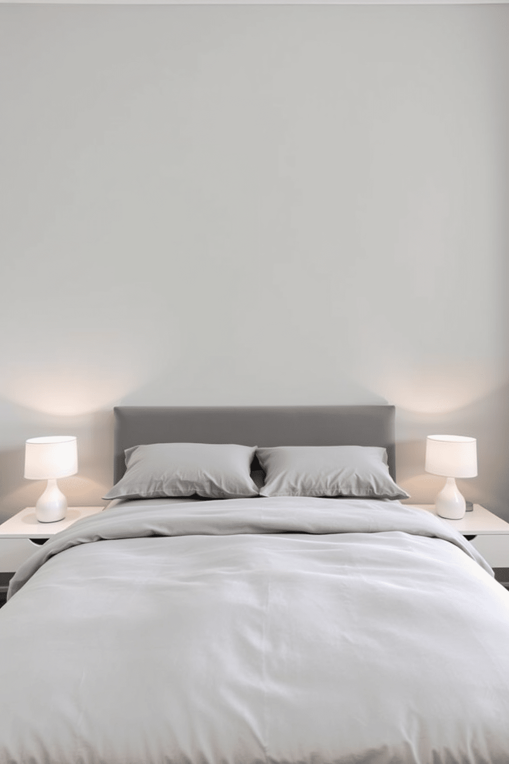 A serene small bedroom featuring a monochromatic color scheme in soft grays. The walls are painted in a light gray hue, and the bedding consists of various shades of gray, creating a cohesive and calming atmosphere. A minimalist bed with a plush gray headboard is centered against the wall. On either side, sleek nightstands hold simple white lamps that provide a warm, inviting glow.