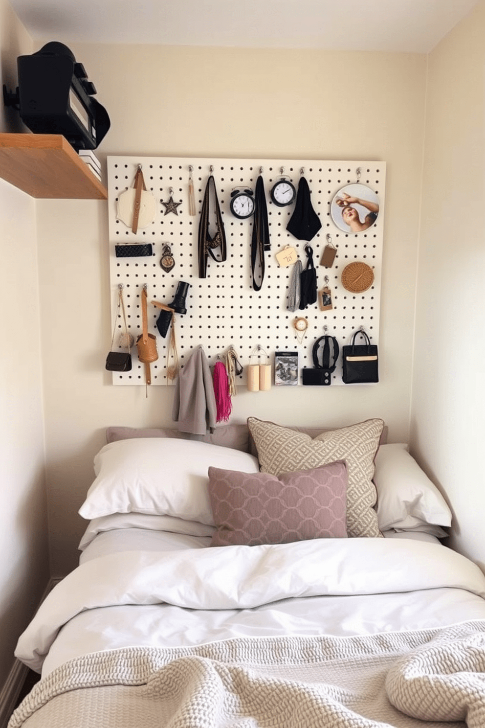 A cozy small bedroom featuring a pegboard mounted on the wall for organized accessories. The bed is positioned against a light-colored wall, adorned with soft bedding and decorative pillows.