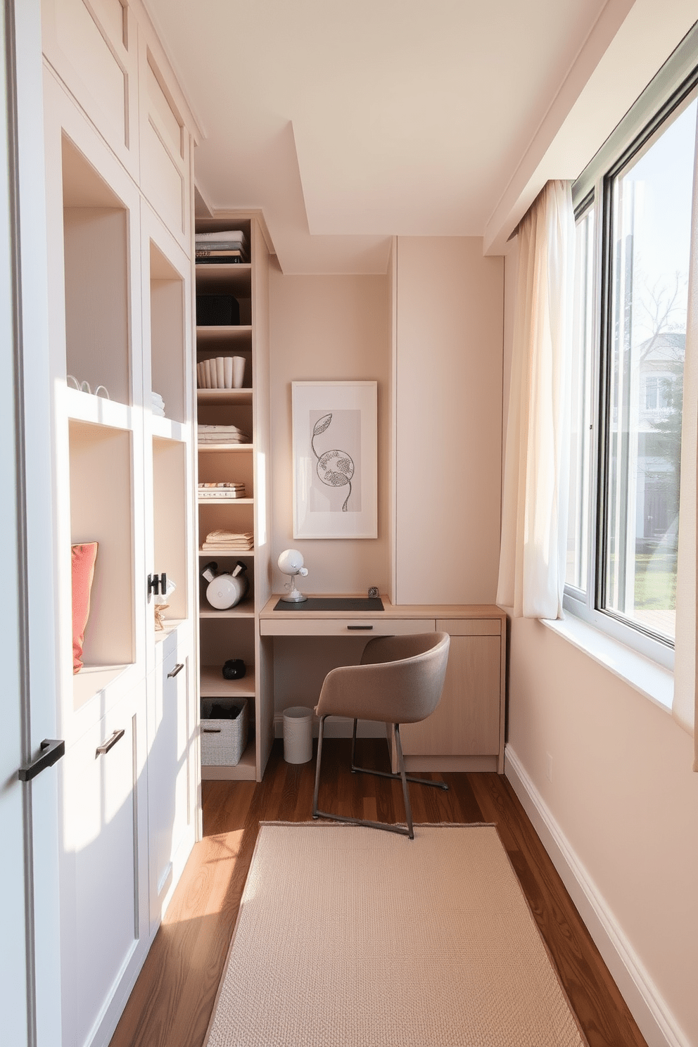 A cozy small bedroom featuring built-in shelves that provide ample storage while maintaining a sleek aesthetic. The walls are painted in a soft pastel color, and a comfortable bed with plush bedding is centered against one wall. Natural light streams in through a large window adorned with light, airy curtains. A small desk with a stylish chair is placed near the shelves, creating a functional workspace in the limited space.