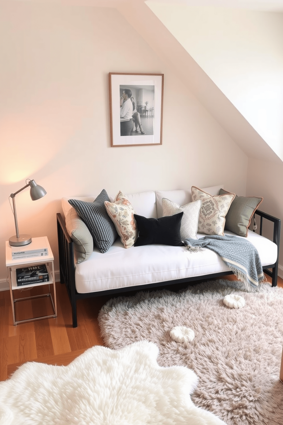 A cozy small bedroom featuring a stylish daybed that serves as both a seating area and a sleeping space. The walls are painted in soft pastel colors, and a plush area rug adds warmth to the hardwood floor. On one side of the daybed, a minimalist nightstand holds a modern lamp and a stack of books. Decorative throw pillows in various textures and patterns are arranged on the daybed, enhancing the inviting atmosphere.