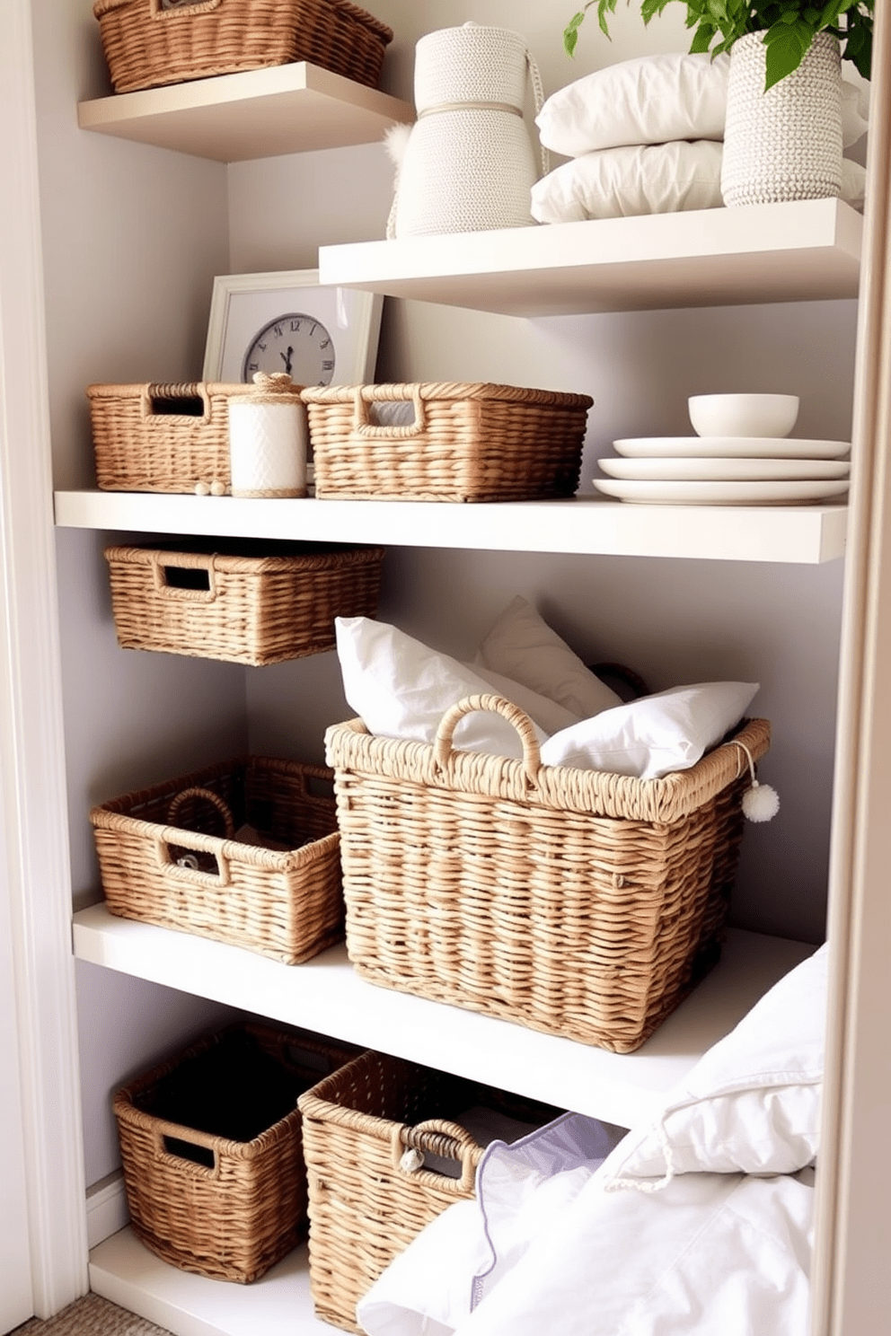 Choose decorative baskets for stylish storage in a small bedroom. These baskets can be placed under the bed or on shelves to keep clutter organized while adding a touch of elegance to the space. Incorporate light-colored bedding and soft textures to create a cozy atmosphere. Use a combination of wall-mounted shelves and compact furniture to maximize floor space and enhance functionality.