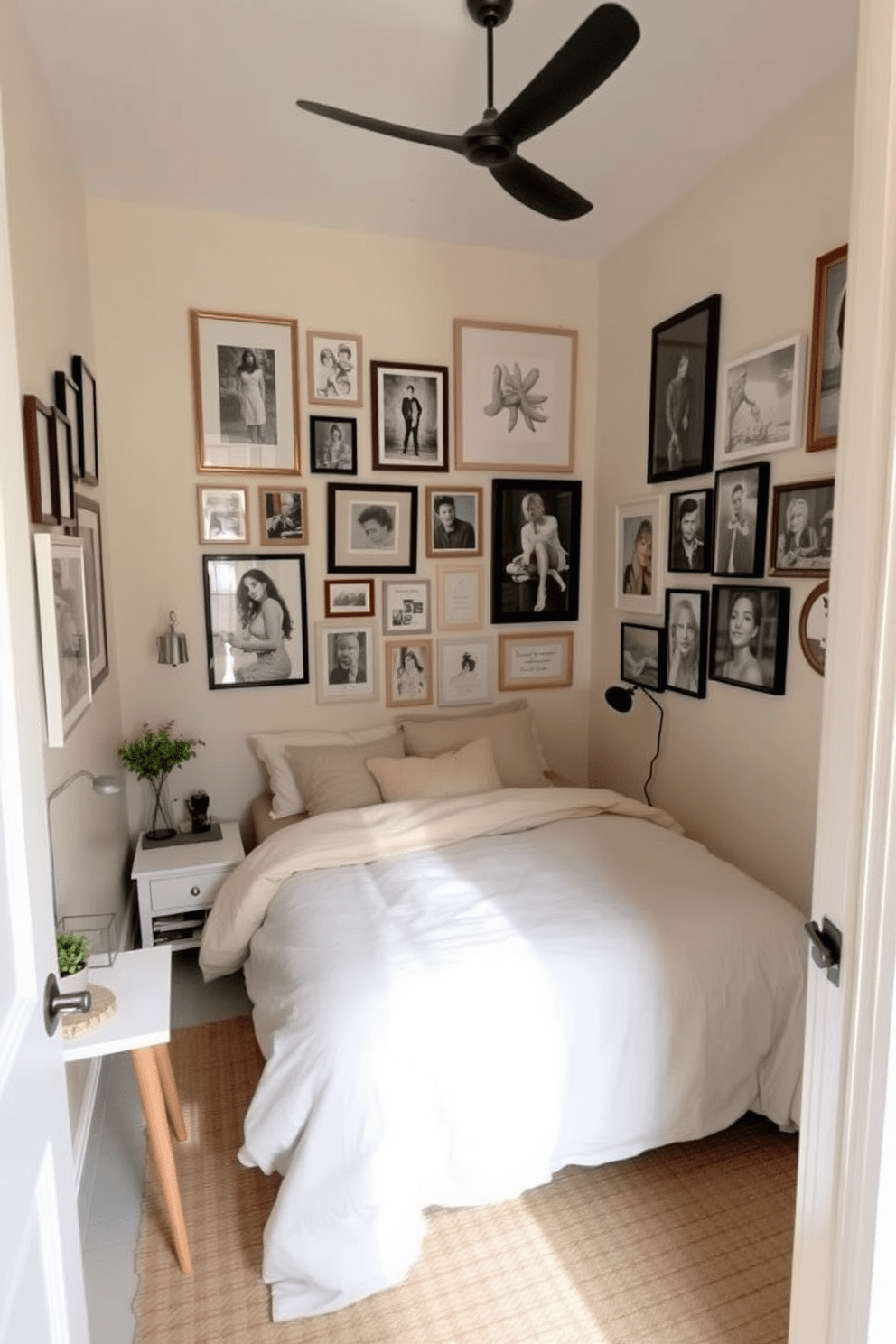 A cozy small bedroom featuring a gallery wall filled with framed art and personal photos that reflect the owner's style. The walls are painted in a soft pastel hue, creating a serene atmosphere, while a plush bed with layered bedding occupies the center of the room. A compact nightstand with a stylish lamp sits beside the bed, providing both function and aesthetic appeal. A woven rug adds warmth to the space, and a small desk in the corner offers a perfect spot for work or study.