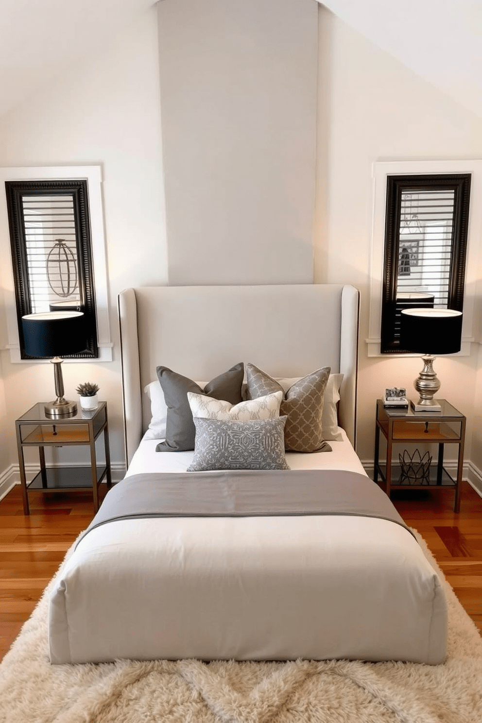 A cozy small bedroom featuring a tall upholstered headboard that draws the eyes upward. The walls are painted in a soft pastel hue, and a plush area rug adds warmth to the hardwood floor. A compact nightstand on each side of the bed holds stylish lamps, providing soft lighting. Decorative pillows in varying textures and patterns enhance the inviting atmosphere of the space.