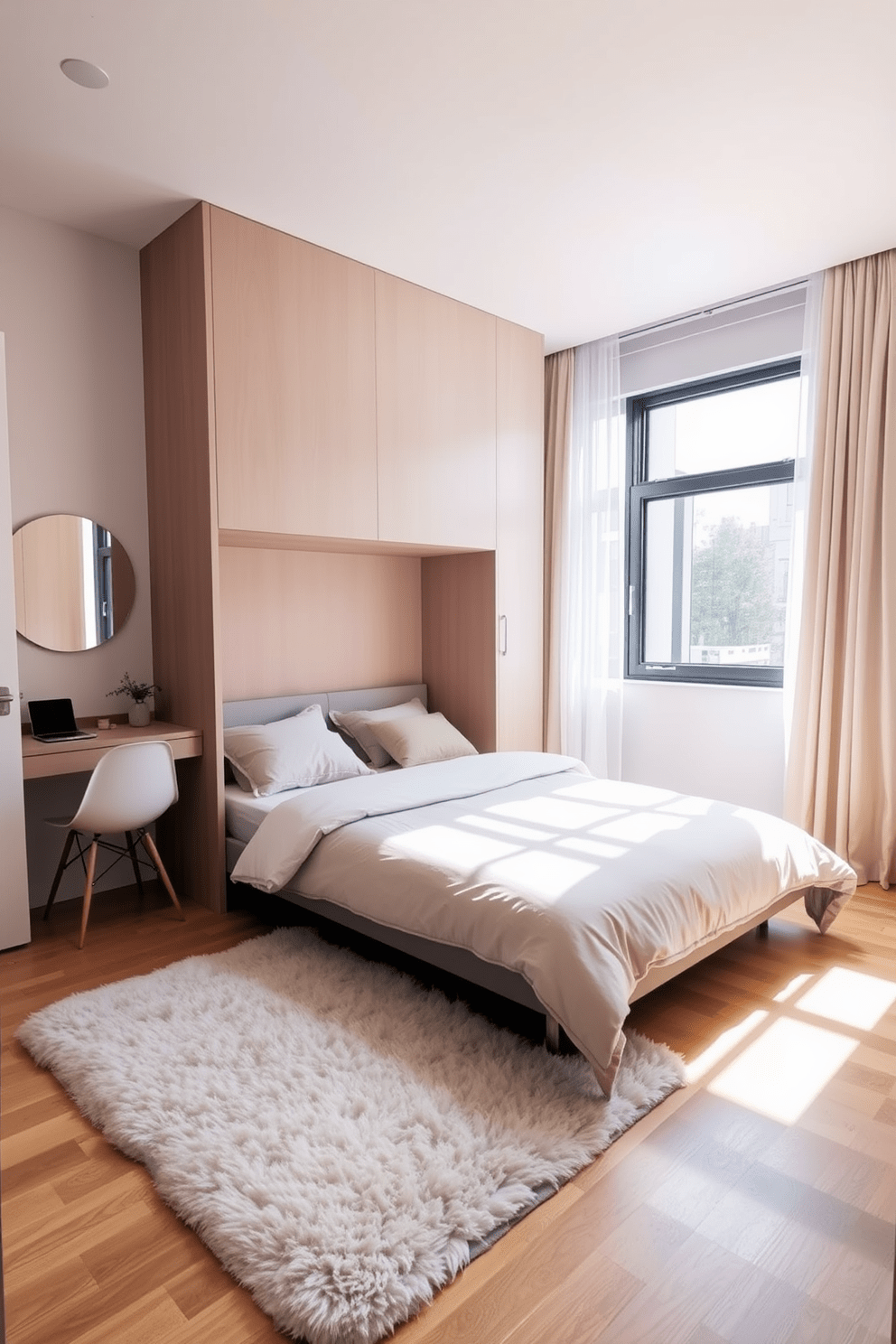 A cozy small bedroom featuring a stylish Murphy bed that folds up seamlessly into the wall when not in use. The room is adorned with soft pastel colors, and a small desk is tucked into the corner to maximize functionality. Natural light streams in through a large window dressed with light curtains, creating an airy atmosphere. A plush area rug lies beneath the bed, adding warmth and comfort to the space.