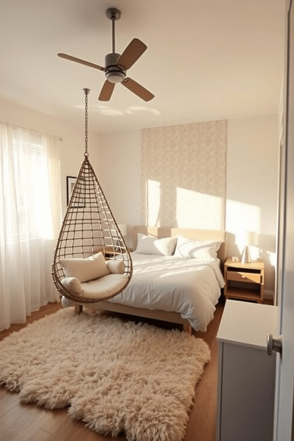 A cozy small bedroom featuring a hanging chair suspended from the ceiling in one corner, adorned with soft cushions for added comfort. The walls are painted in a light pastel hue, and a plush area rug lies beneath the bed, creating a warm and inviting atmosphere. The bed is positioned against a feature wall with subtle wallpaper, complemented by bedside tables on either side. Natural light filters through sheer curtains, illuminating the space and enhancing the tranquil vibe of the room.