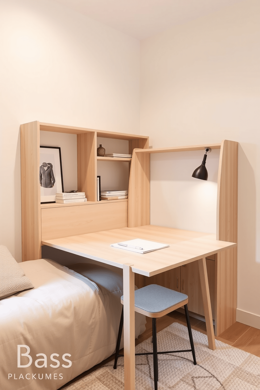 A small bedroom featuring a stylish foldable desk that can be easily tucked away when not in use. The desk is made of light wood with clean lines, complementing the cozy atmosphere of the room. The walls are painted in a soft pastel color, creating a serene backdrop. A comfortable bed with plush bedding occupies one side, while a small bookshelf is positioned nearby to maximize space.