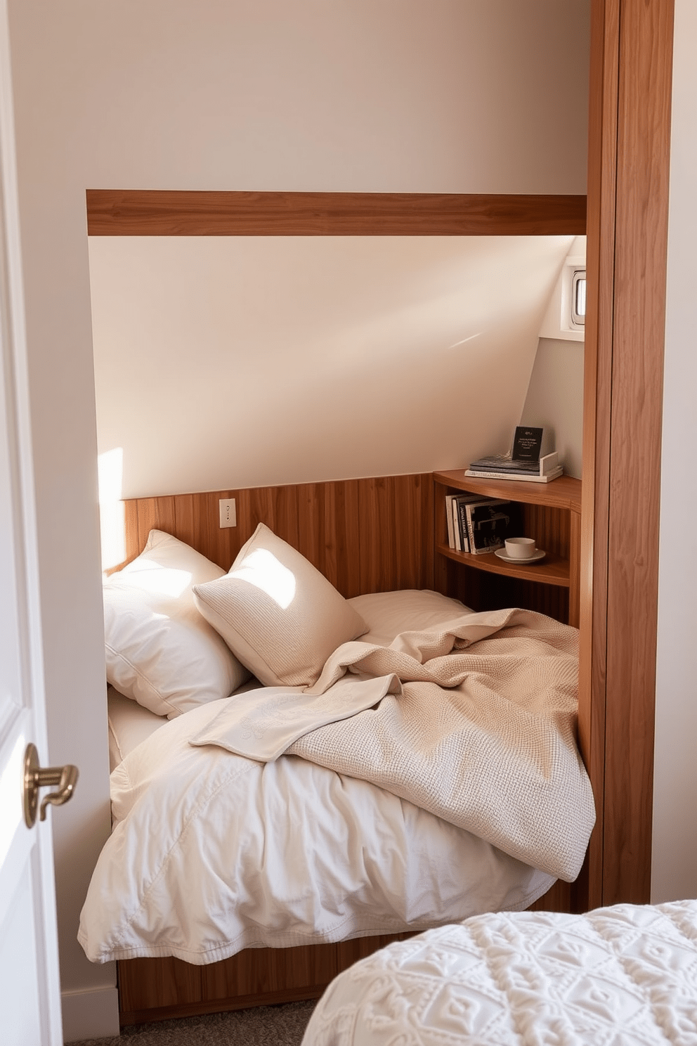 A cozy bed nestled in a nook creates an inviting atmosphere in a small bedroom. Soft, layered bedding in neutral tones complements the warm wood accents of the nook, enhancing the feeling of comfort. Natural light filters in through a nearby window, illuminating the space with a gentle glow. A small bookshelf is integrated into the nook, providing a perfect spot for books and decorative items, adding personality to the room.