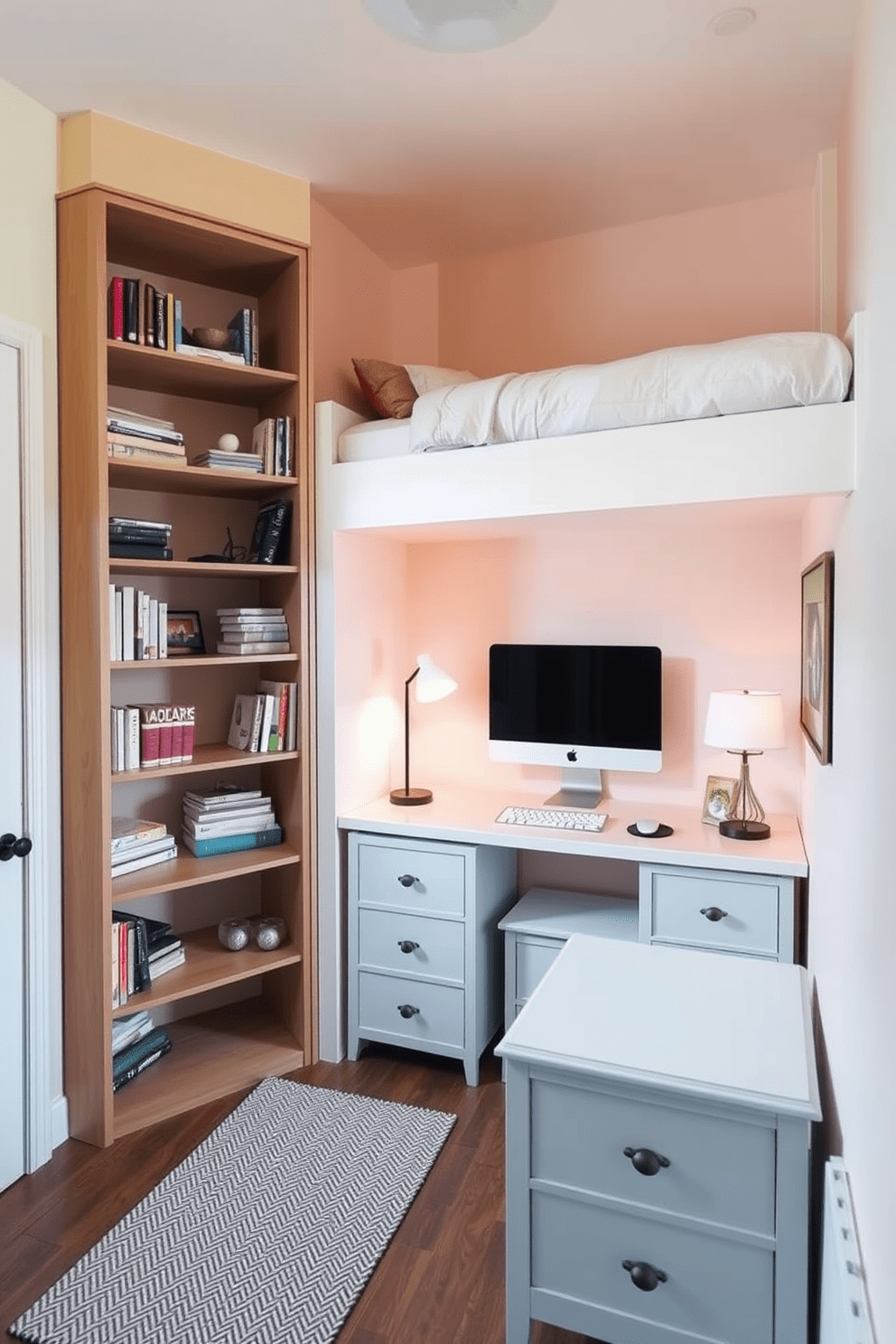 A cozy small bedroom featuring vertical storage solutions to maximize space. The walls are painted in soft pastel tones, and a lofted bed creates room for a desk and shelves underneath. A tall bookcase with open shelving is positioned against one wall, displaying books and decorative items. A compact dresser with drawers is placed near the foot of the bed, providing additional storage without overwhelming the room.